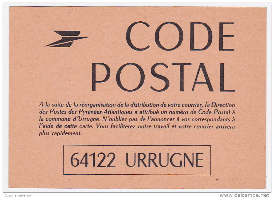 CODE POSTAL - Carte Postale De Service - 64122 URRUGNE -Changement De Code Postal - Enteros Administrativos