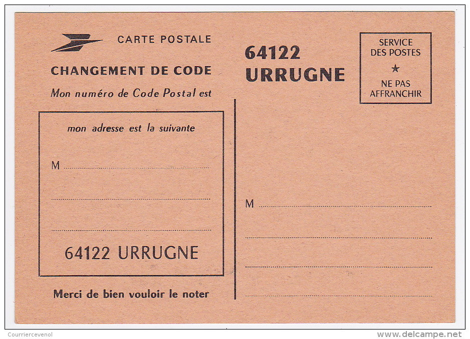 CODE POSTAL - Carte Postale De Service - 64122 URRUGNE -Changement De Code Postal - Enteros Administrativos