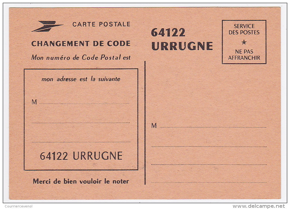 CODE POSTAL - Carte Postale De Service - 64122 URRUGNE -Changement De Code Postal - Official Stationery