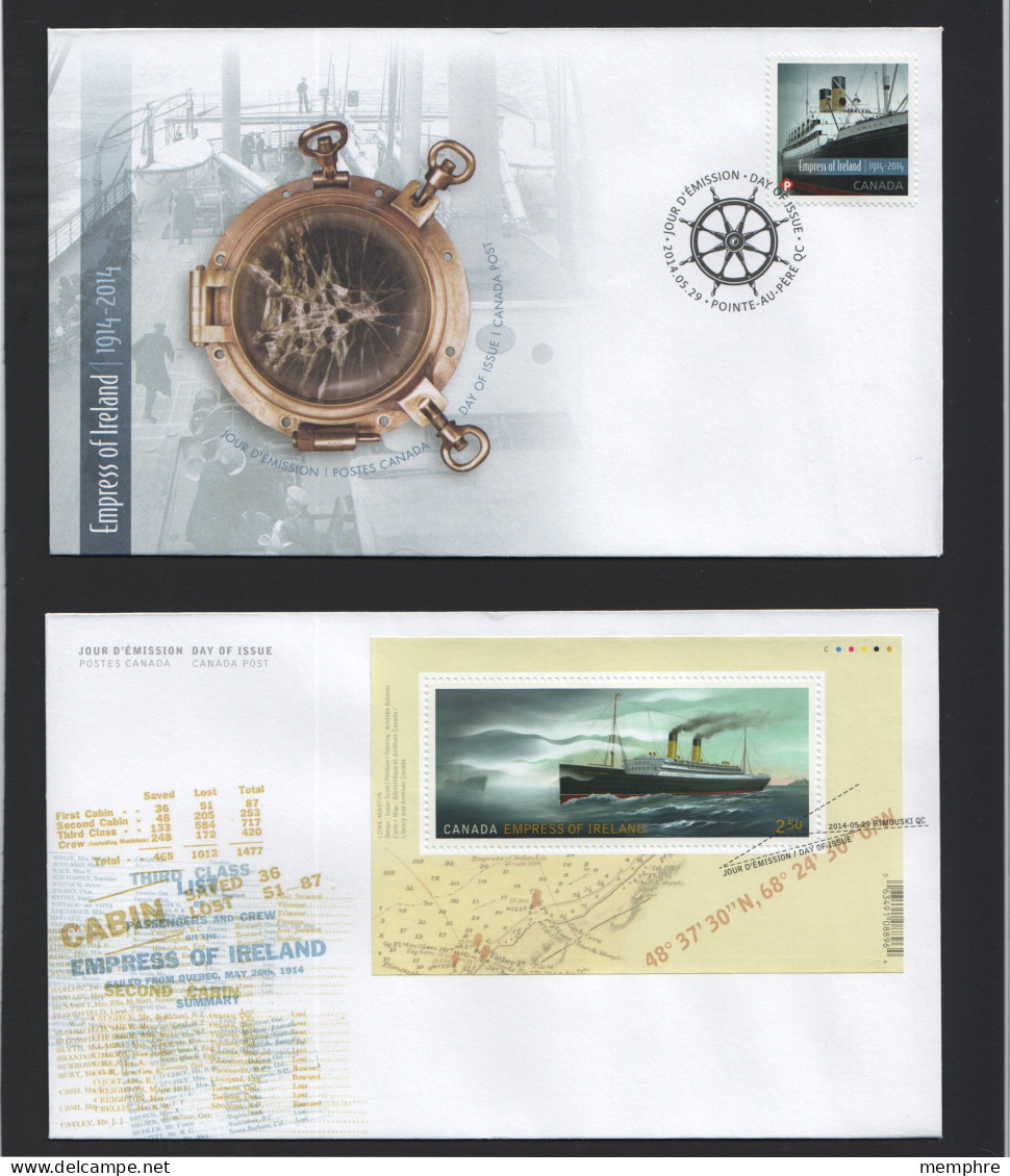 2014  Empress Of Ireland  100th Ann. Of Sinking  Single And Souvenir Sheet On 2 FDCs Sc 2745-6 - 2011-...