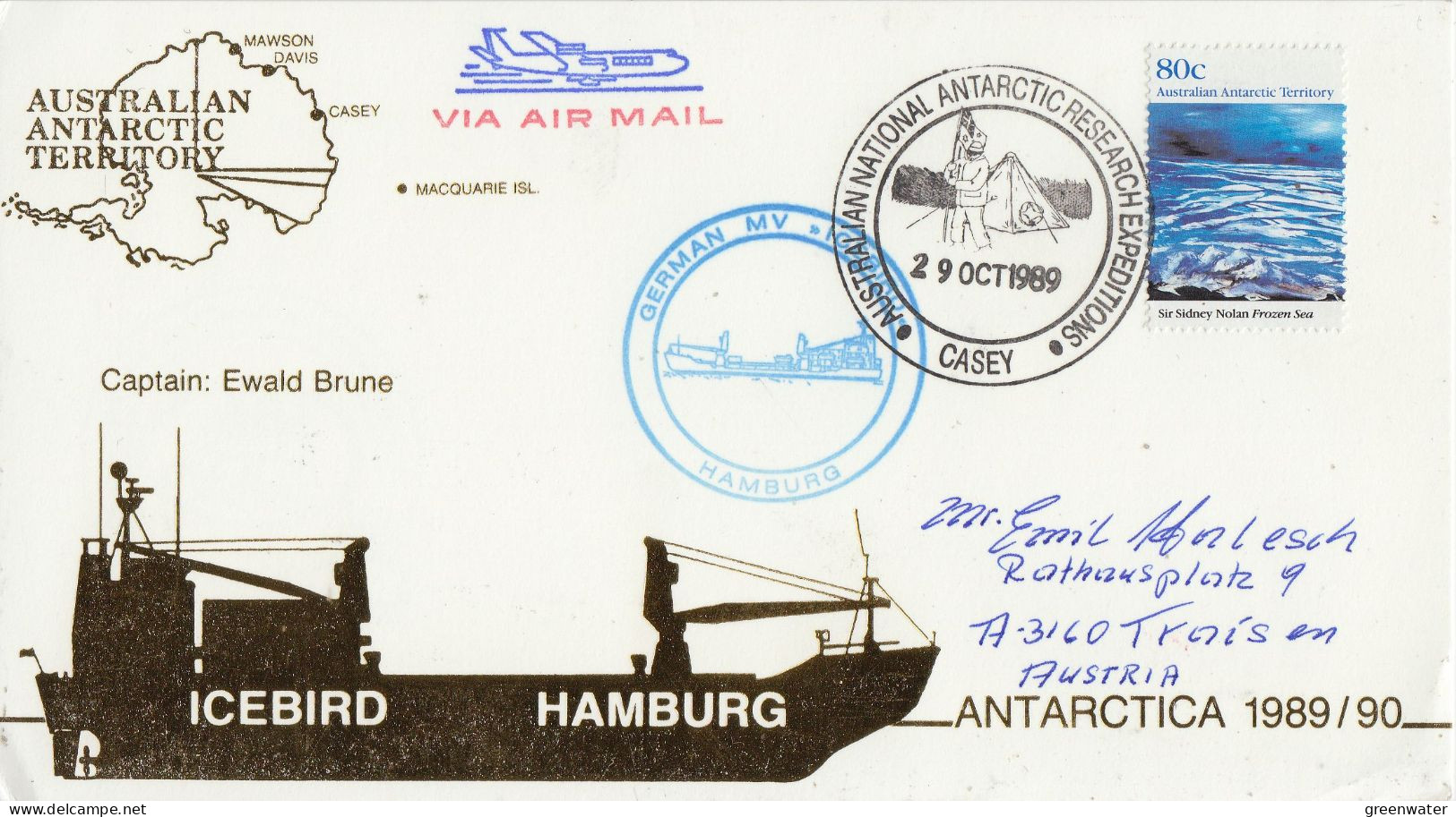 AAT  Ship Visit MV Icebird  Ca Casey 29 OCT 1989 (CS158B) - Lettres & Documents