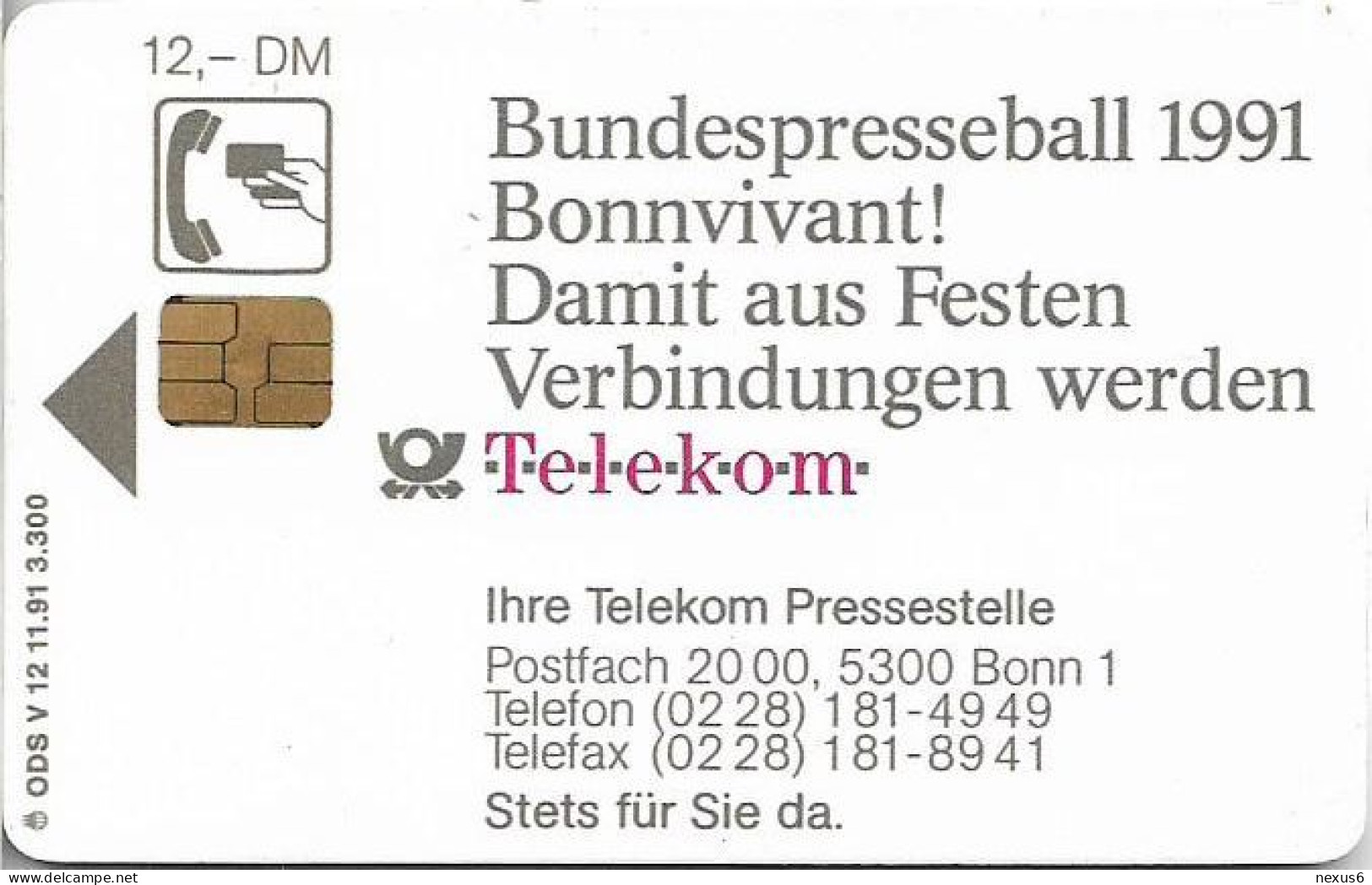 Germany - V-12-91 - Bundespresseball 1991 - Bonnvivant, 11.1991, 12DM, 3.300ex, Used - V-Series: VIP-und Visitenkartenserie