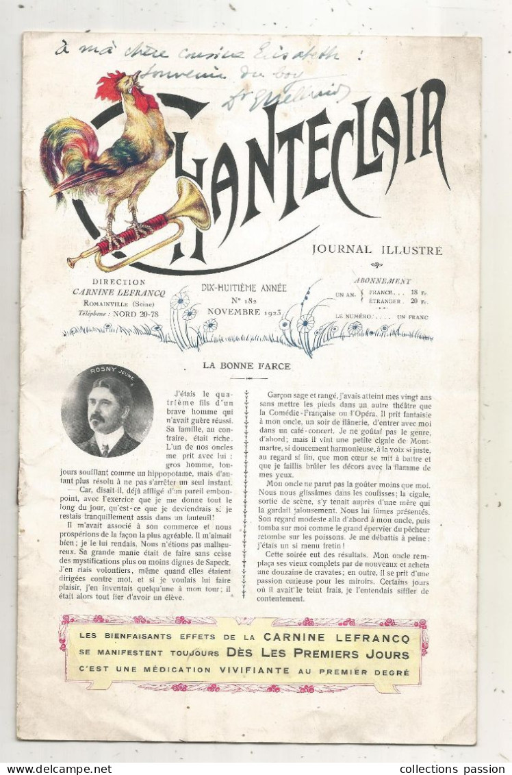 Journal Illustré, CHANTECLAIR, N° 182, Novembre 1923, 12 Pages, 2 Scans, Frais Fr 2.25 E - Other & Unclassified