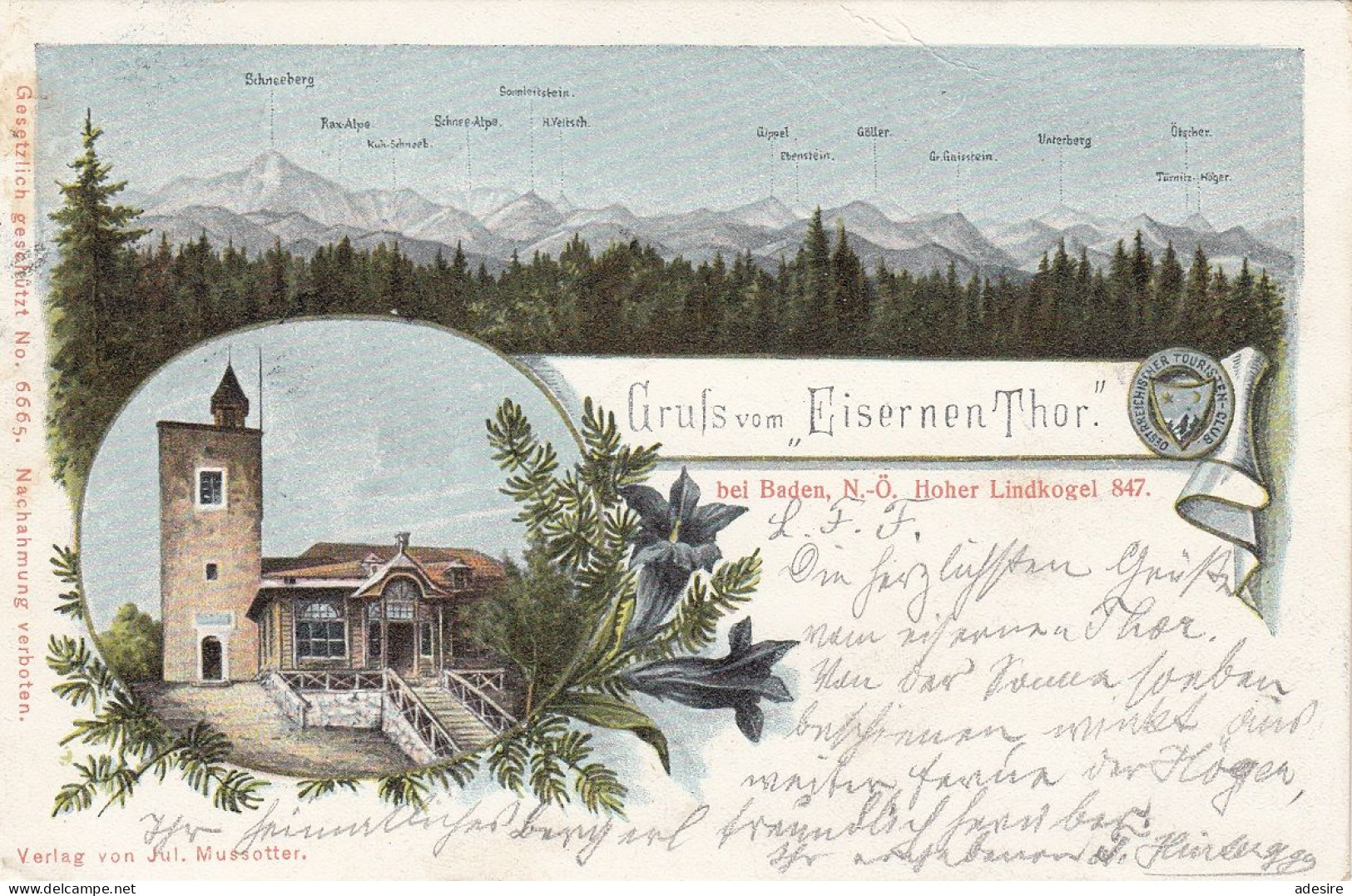 Litho Gruss Vom EISERNEN THOR Bei BADEN (NÖ) - Hoher Lindkogel, Gel.1902, Gute Erhaltung - Baden Bei Wien