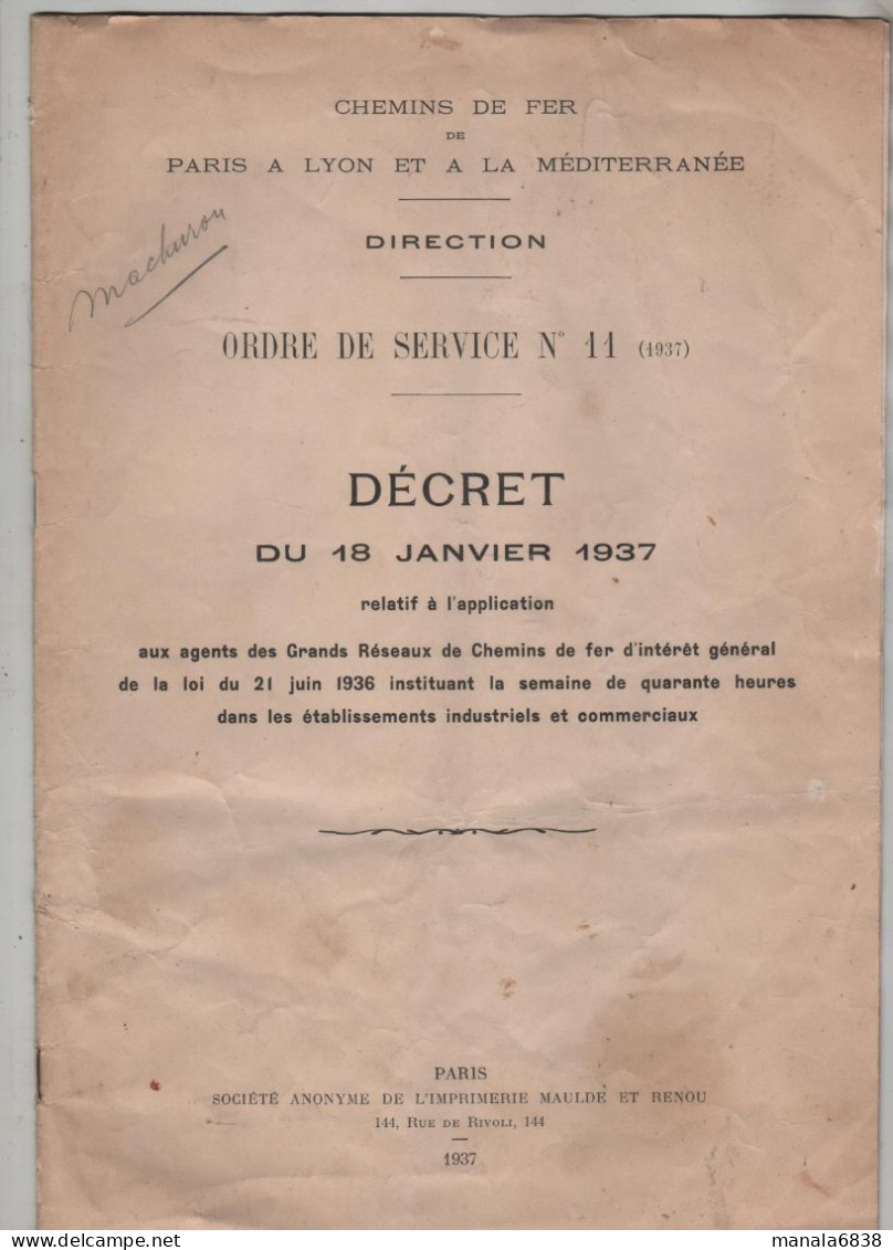 PLM Direction Ordre De Service Décret 1937 Semaine De 40 Heures - Ohne Zuordnung