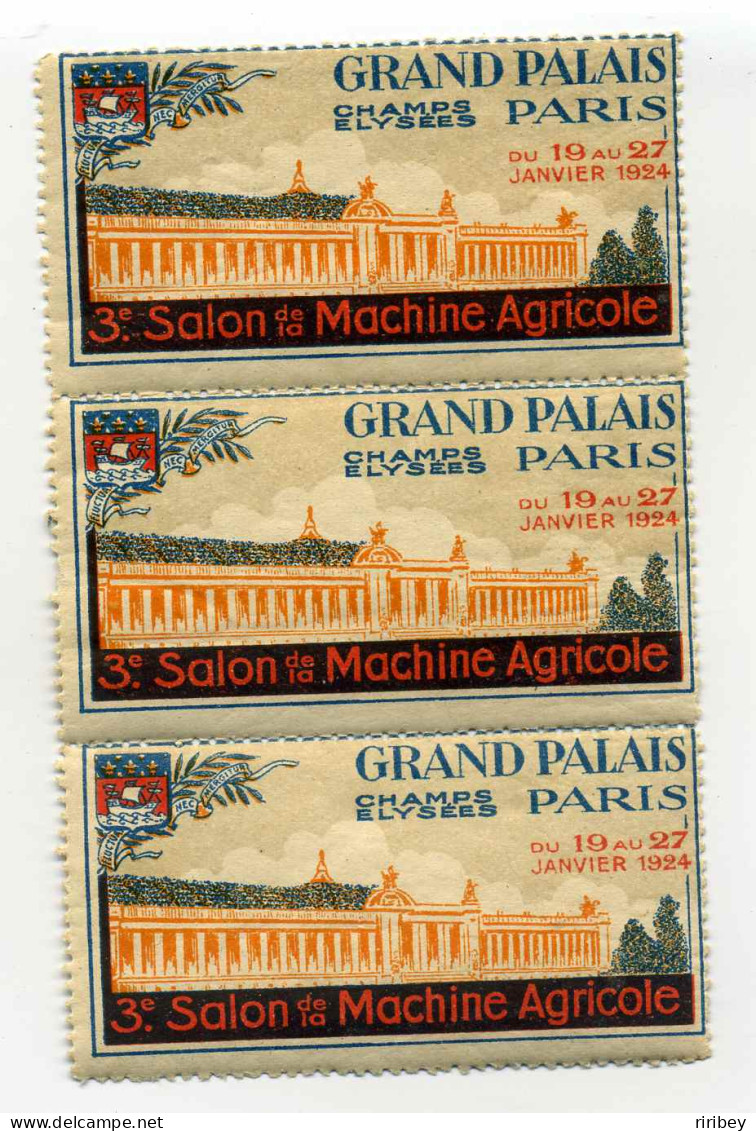 Bloc De 3 GRAND PALAIS PARIS - 3ème Salon De La Machine Agricole  Janvier 1924 ( Avec Gomme ) - Otros & Sin Clasificación