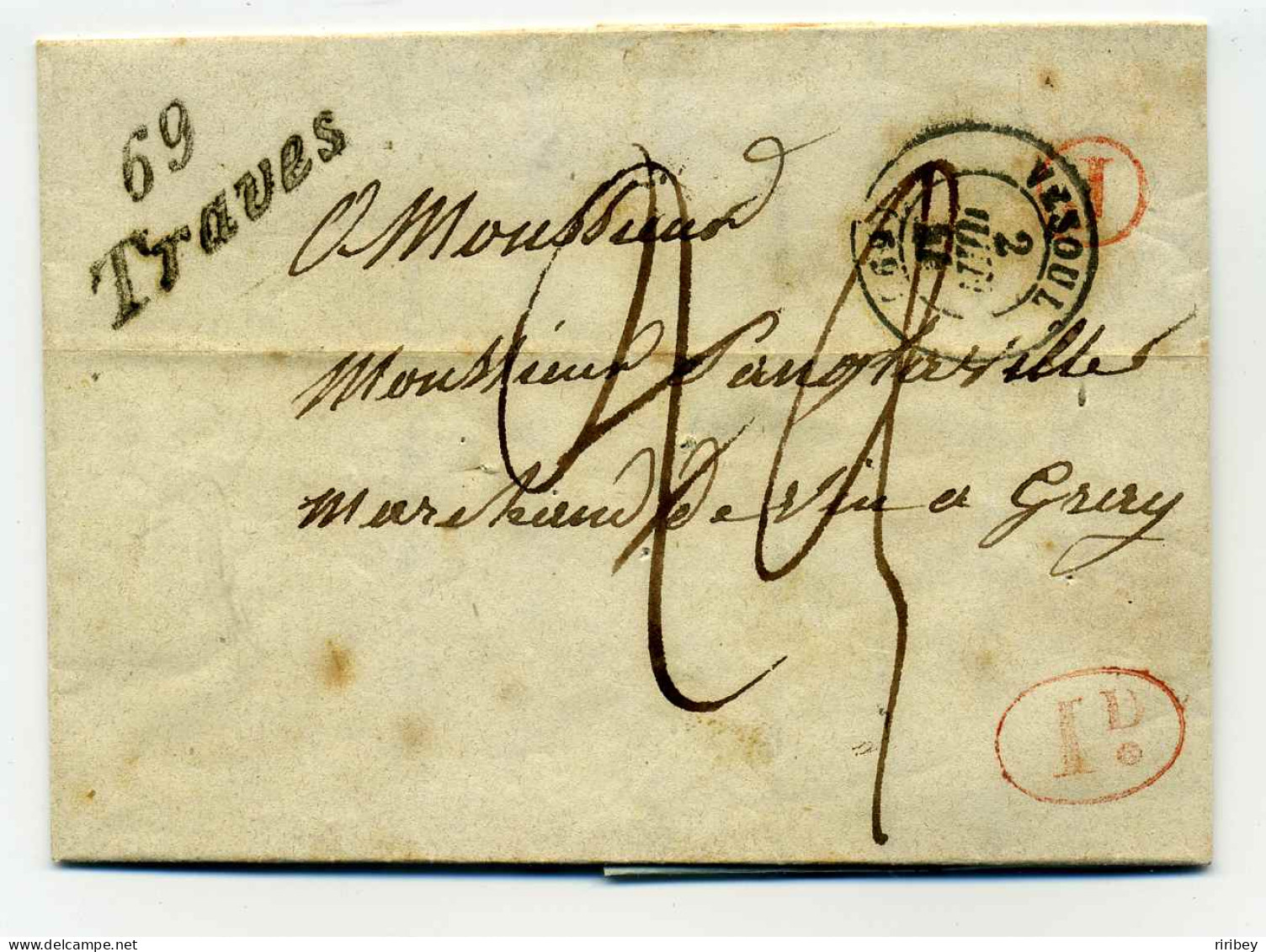 Cursive 69 Traves + T15 Vesoul + Boite Rurale J (rouge) De NOIDANS LE FERROUX / Dept 69 Haute Saône / 1844 - 1801-1848: Précurseurs XIX