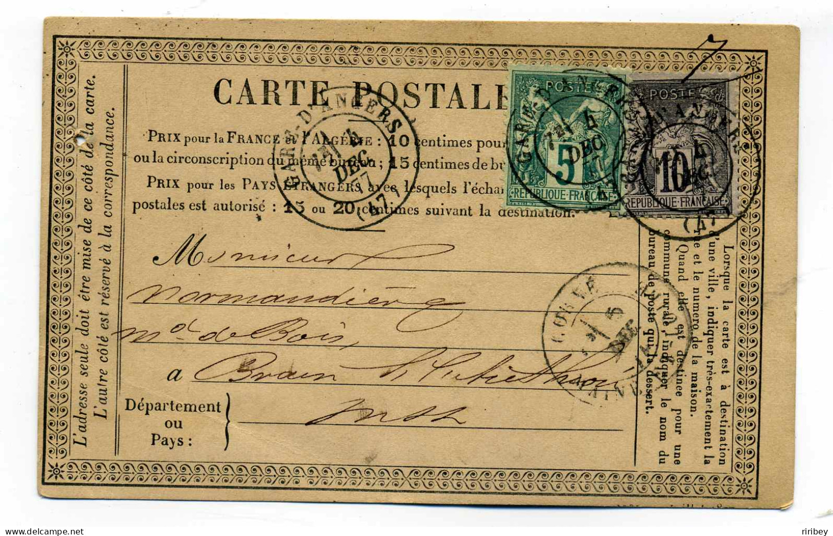 Carte Précurseur CPO / T17 GARE D'ANGERS / Dept Du Maine Et Loire / 1877 / Aff Sage - 1877-1920: Periodo Semi Moderno