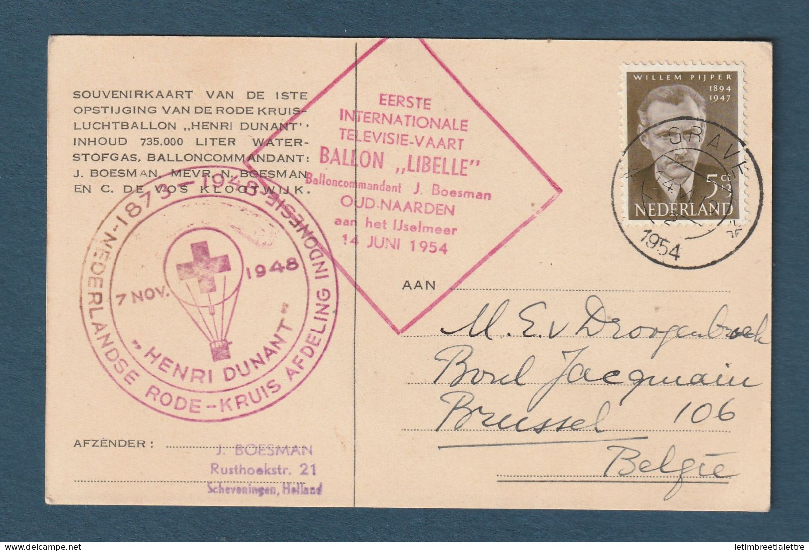 Pays Bas - Carte Postale - Poste Aérienne - Henry Dunant - Par Ballon - Croix Rouge - 1954 - Montgolfières