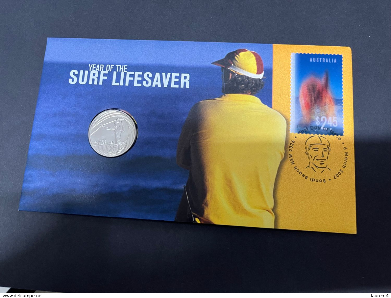 24-7-2023 (3 S 19)  Surf Life Savers PNC - 20 Cents Surf Lifesavers Coin On PNC Cover With $ 2.75 3-D Stamp (rare) - 20 Cents