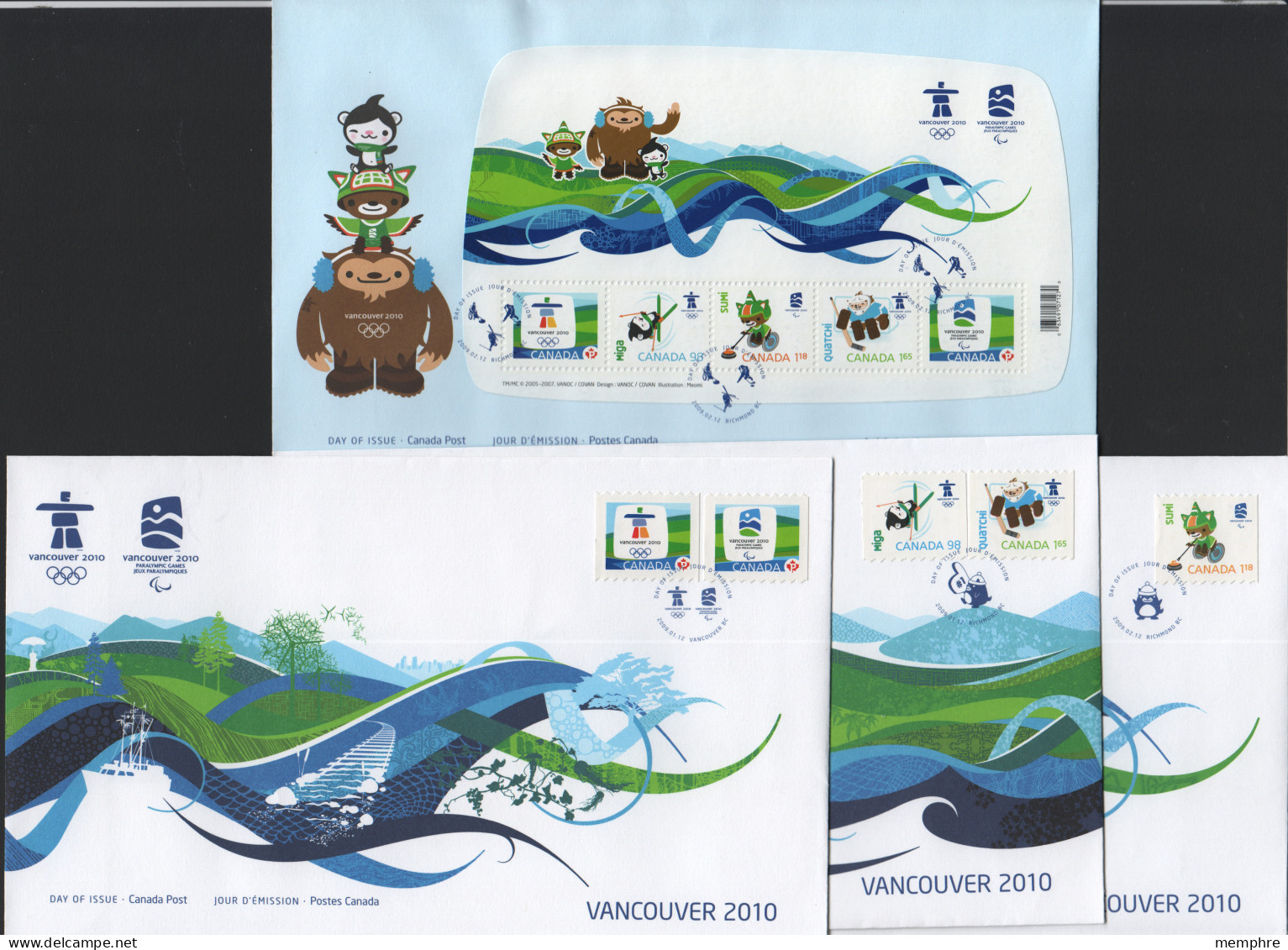2009  Vancouver Olympics Logos And Mascots   Souvenir Sheet Of 5 Different , 2 Singles, 1 Se-tenant Pair Sc 2305-10 - 2001-2010