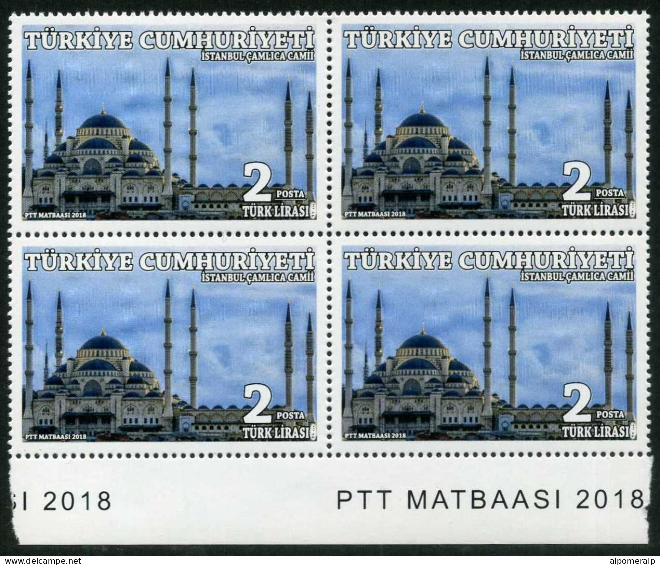 Türkiye 2018 Mi 4438 MNH Çamlica Mosque, Istanbul | Religion, Mosques, Buildings [Block Of 4] - Mosquées & Synagogues