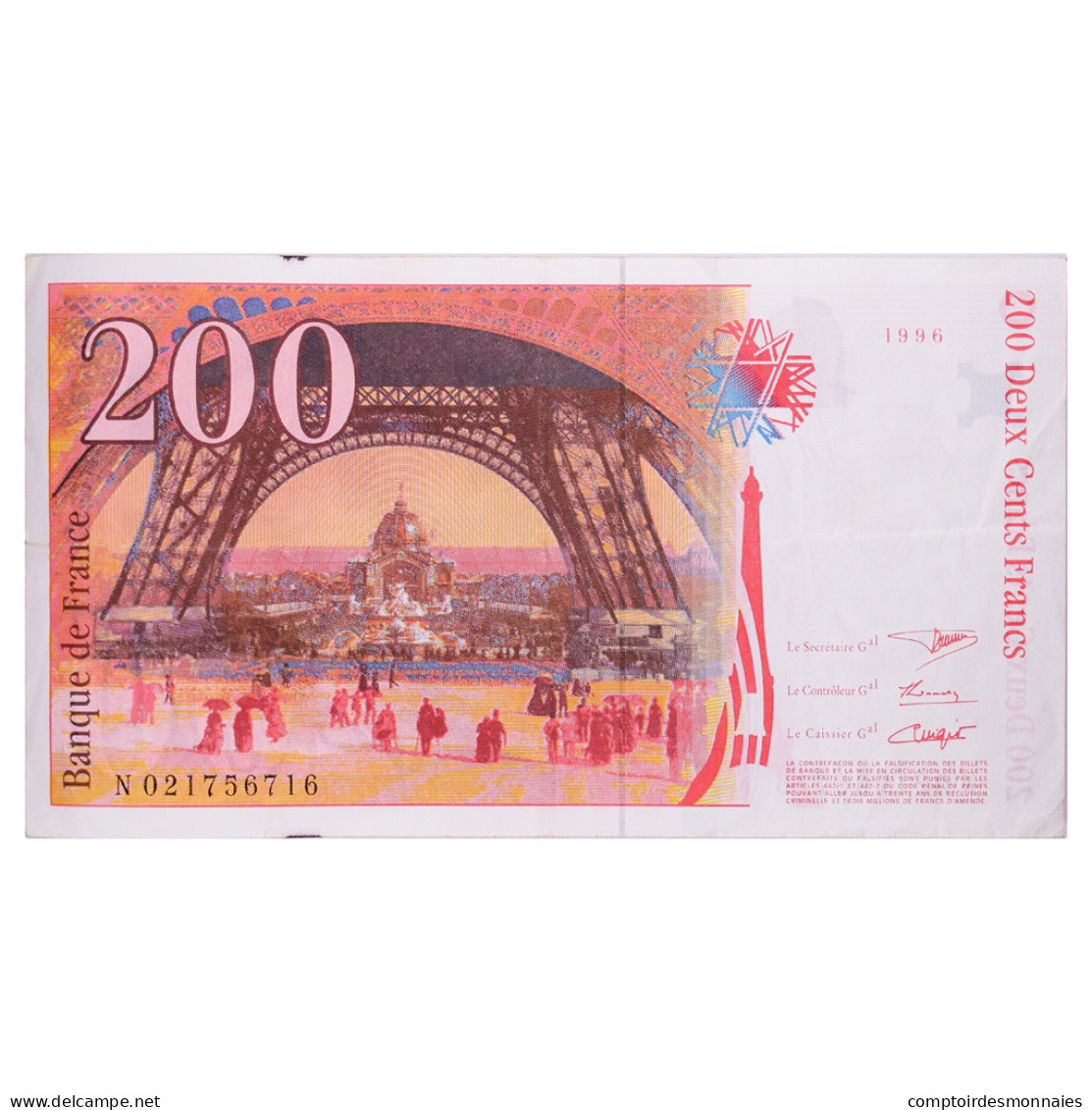 France, 200 Francs, Eiffel, 1996, N021756716, TTB+, Fayette:75.02, KM:159a - 1955-1959 Sobrecargados (Nouveau Francs)