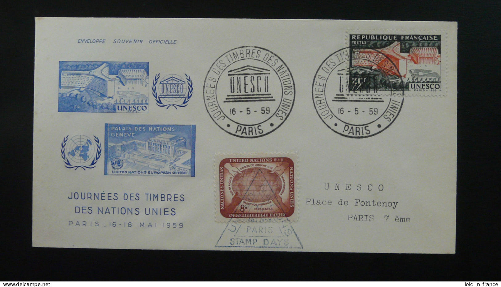 Lettre Cover Journée Des Timbres Des Nations Unies United Nations Stamp Days Paris 1959 - Cartas & Documentos