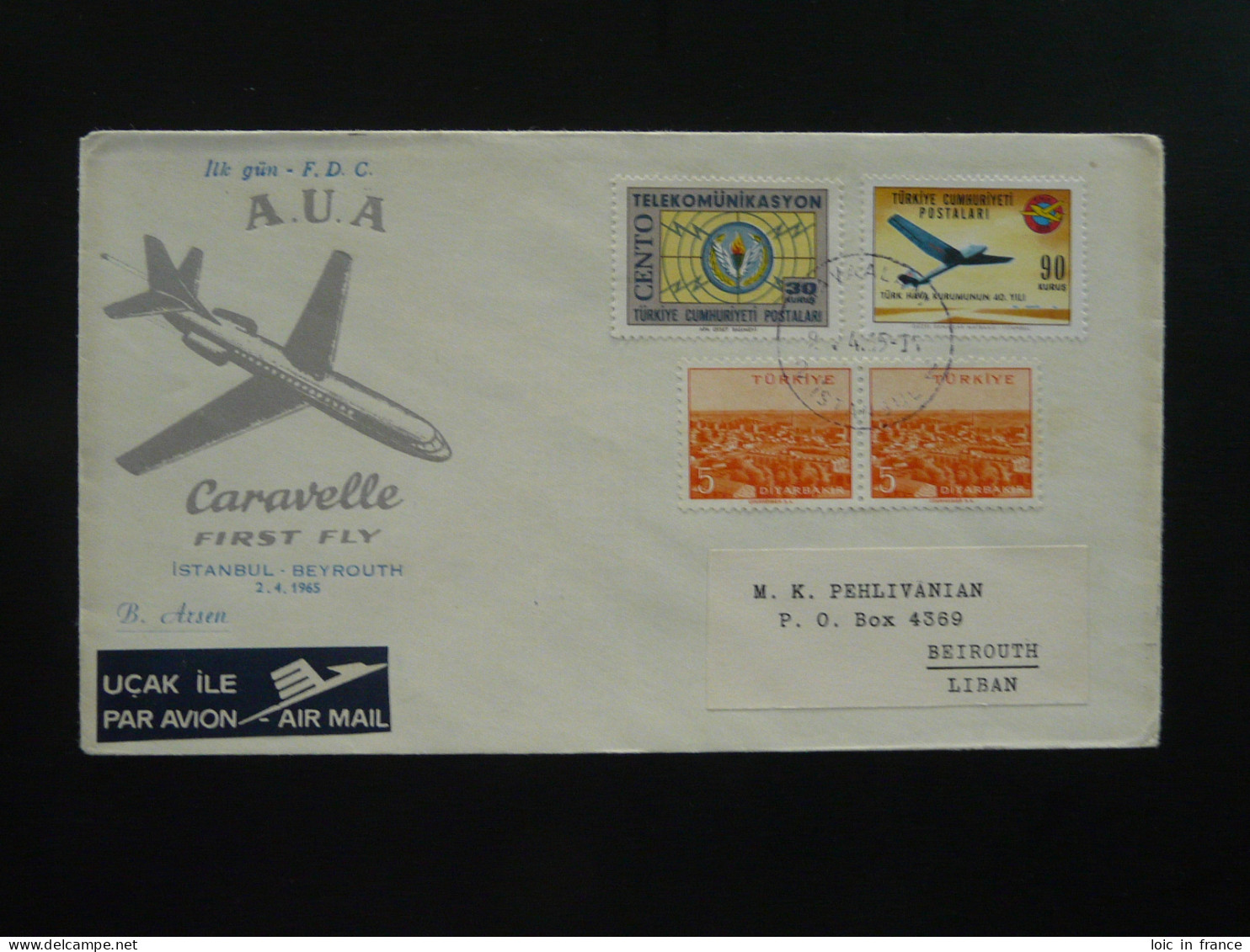 Lettre Premier Vol First Flight Cover Istanbul --> Beyrouth Liban Lebanon Caravelle AUA Austrian Airlines 1965 (ex 3) - Lettres & Documents