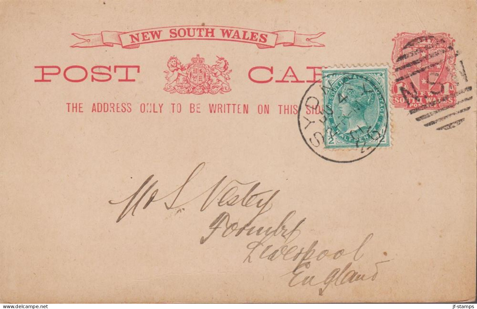 1901. NEW SOUTH WALES. 1 D POST CARD With Extra ½ HALF PENNY Victoria To Liverpool, England Ca... (Michel 81) - JF535759 - Cartas & Documentos