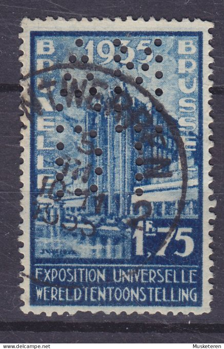 Belgium Perfin Perforé Lochung 'AMDT' 1934 Mi. 381, 1.75 Fr. Weltausstellung Bruxelles 1935 (2 Scans) - 1934-51