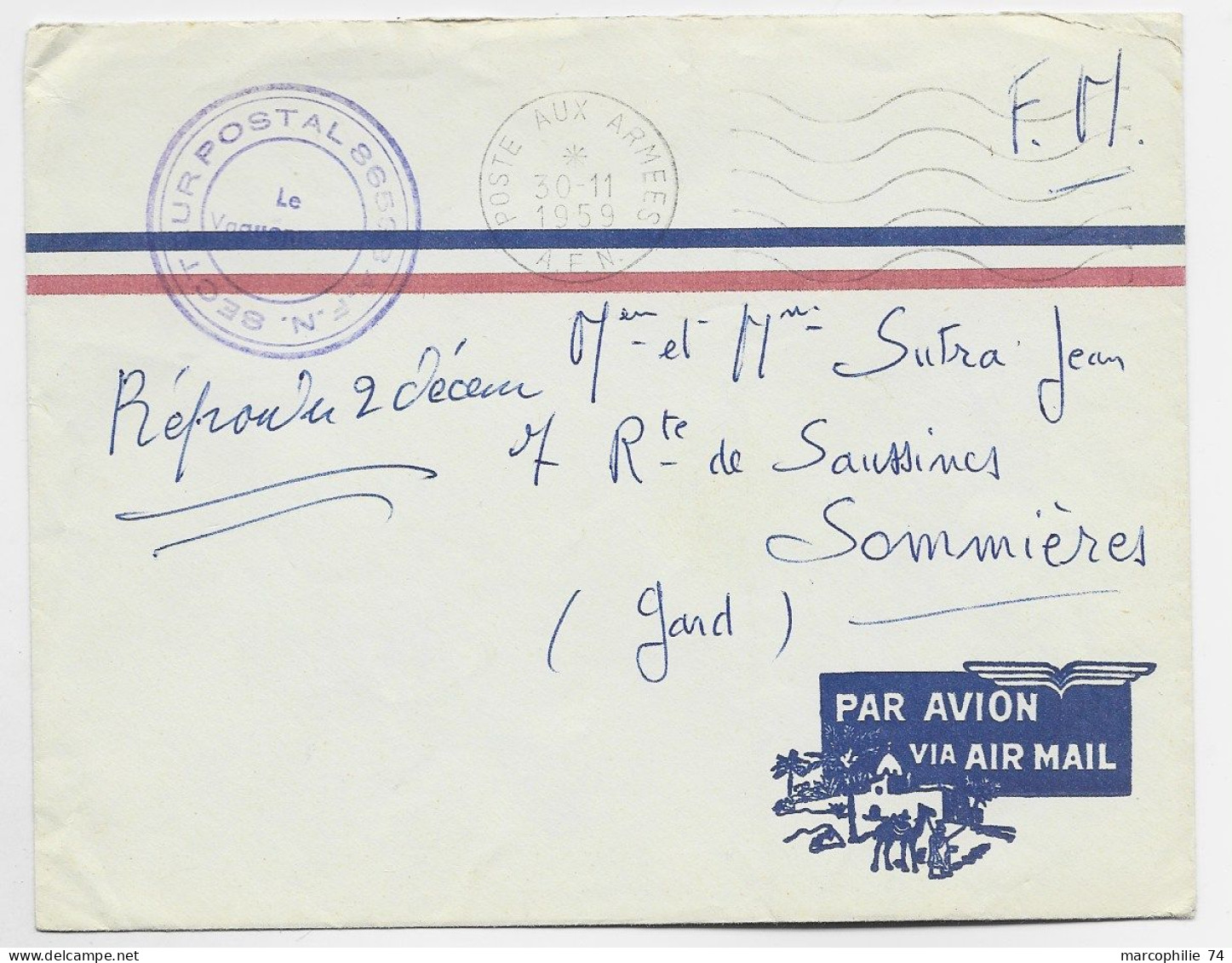 GUERRE ALGERIE LETTRE FM MEC POSTE AUX ARMEES 30.11.1959 AFN + SECTEUR POSTAL 86568 - War Of Algeria