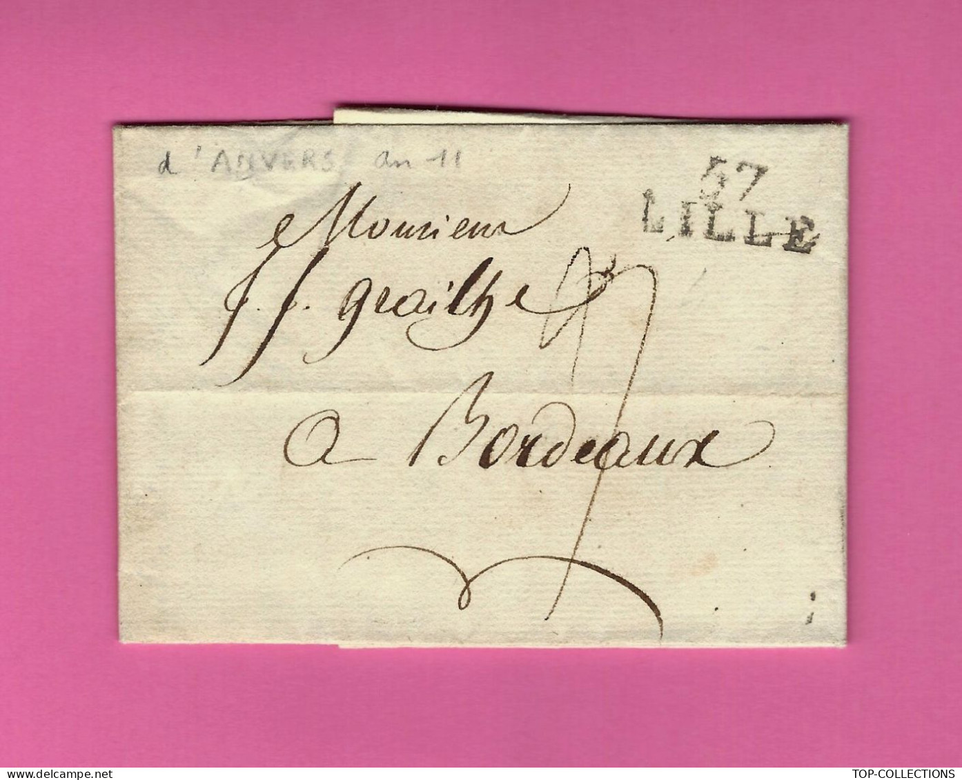 1802 NAVIGATION NEGOCE MARITIME NAVIRE CARGAISON LETTRE SIGN.  Cardon Fils à Anvers  Pour J.J. Grailhe Bordeaux V.HIST. - 1800 – 1899