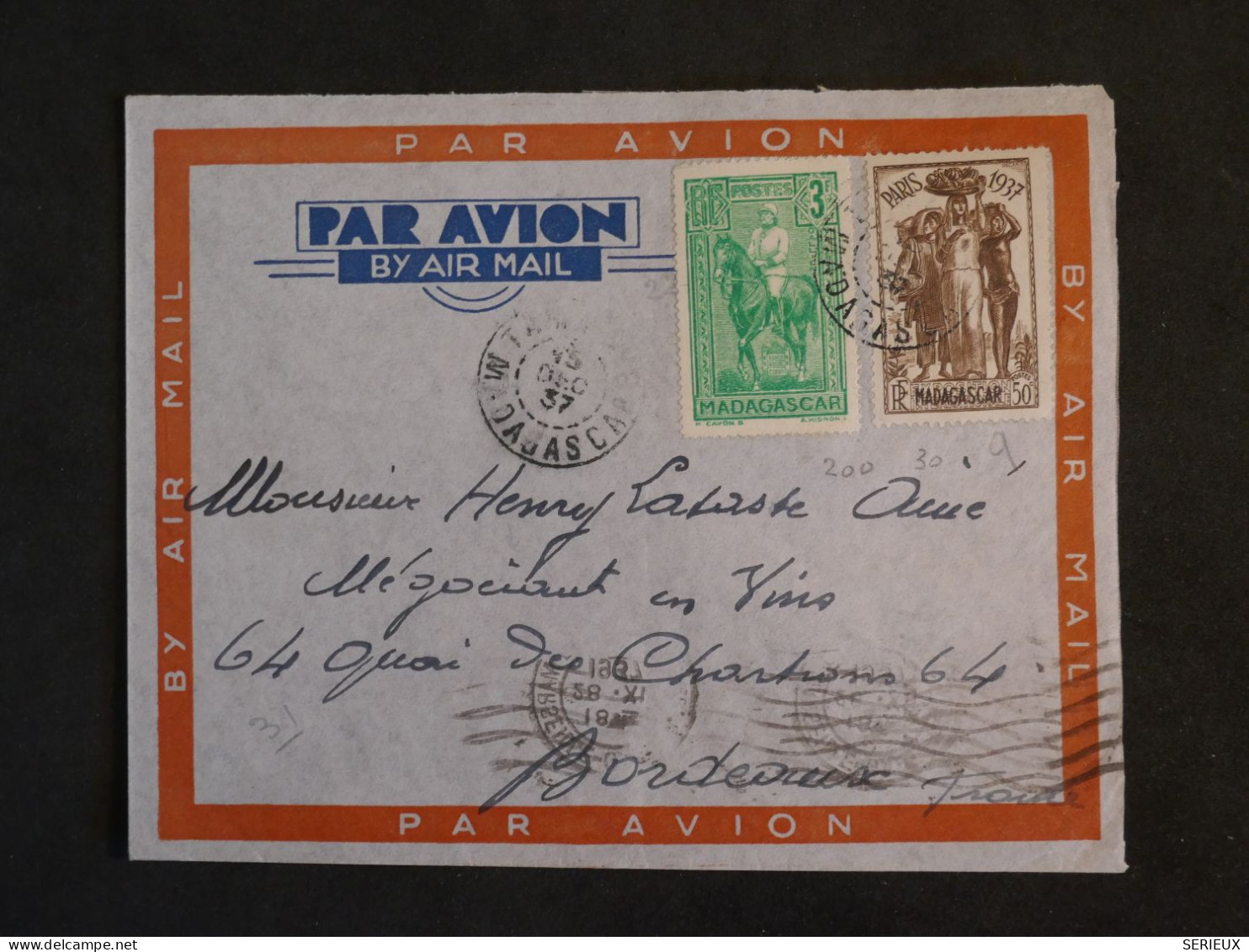 BW11 MADAGASCAR  BELLE LETTRE  1937  PAR AVION TANANARIVE  A BORDEAUX  FRANCE+ TP VERSO + +AFF.PLAISANT++    + - Poste Aérienne