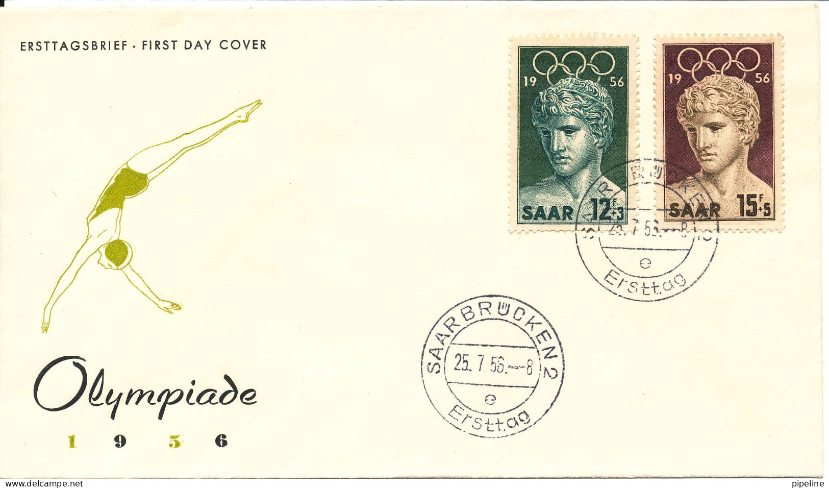 Saar FDC 25-7-1956 Complete Set Of 2 Olympic Games Melbourne With Cachet - FDC