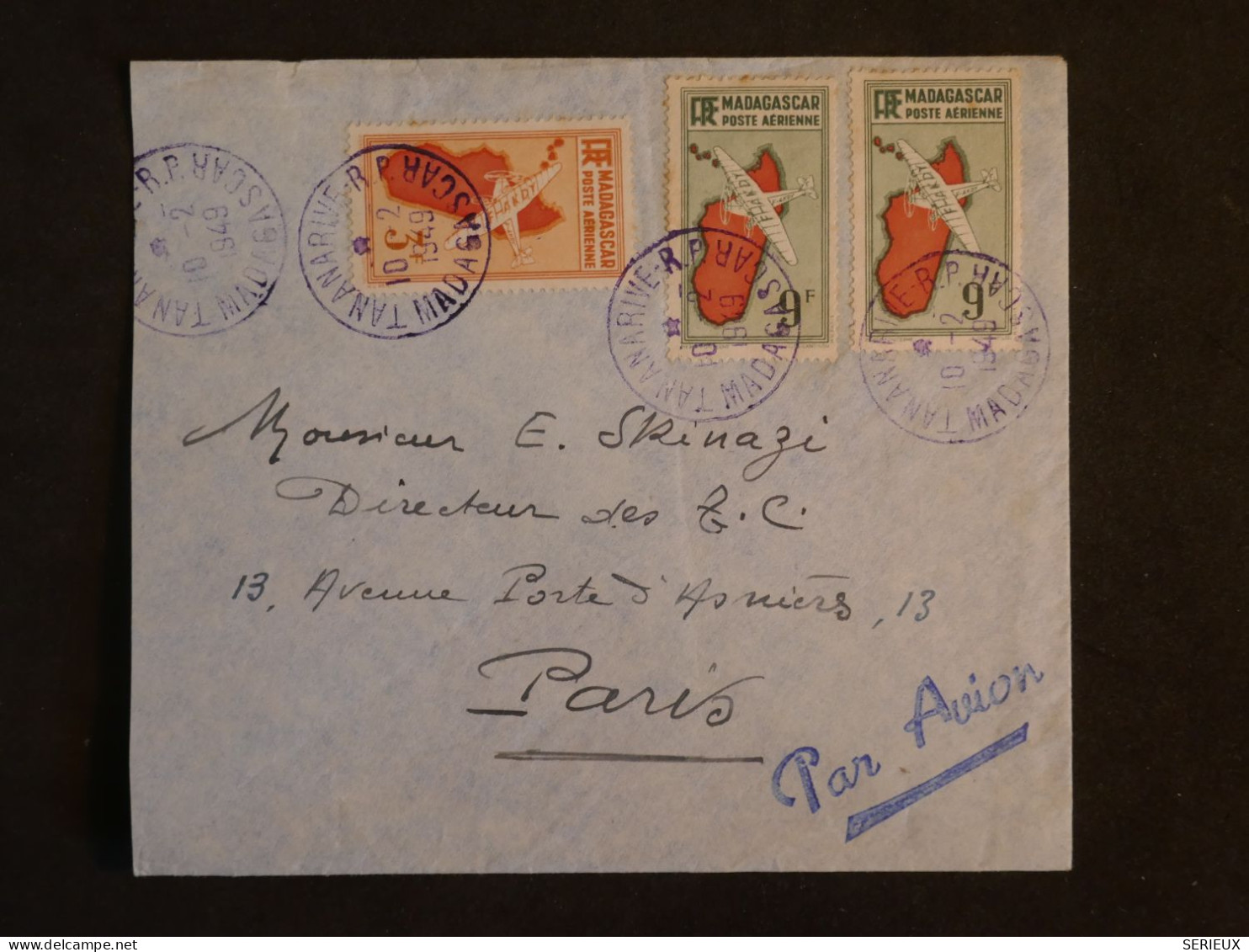 BW11 MADAGASCAR  BELLE LETTRE  1949 PAR AVION TANANARIVE  A PARIS FRANCE+LE  9F ??+ TP VERSO + +CACHETS BLEUS +++++    + - Luchtpost