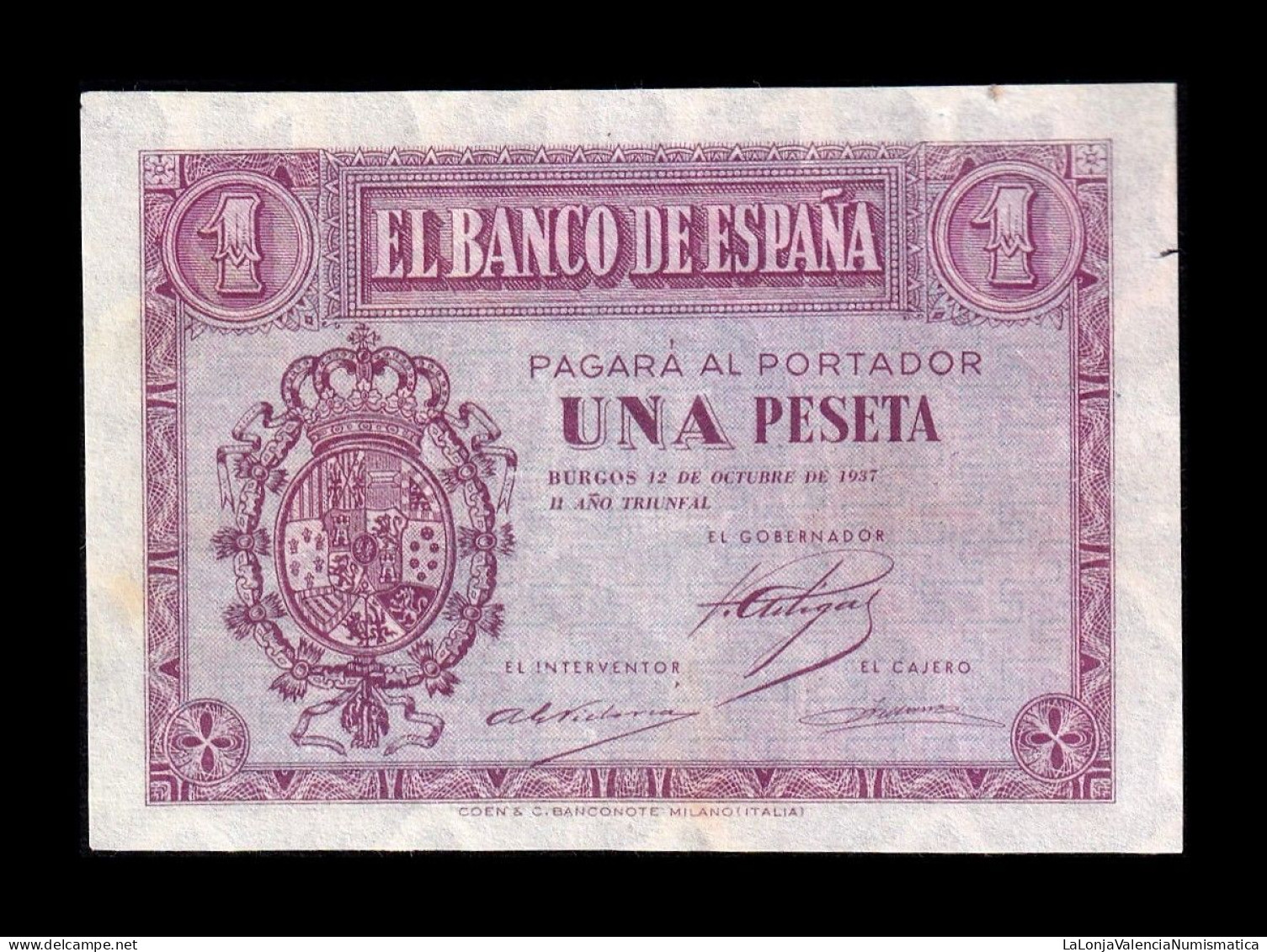 España Spain 1 Peseta Burgos 1937 Pick 104 Serie E Sc- AUnc - 1-2 Peseten