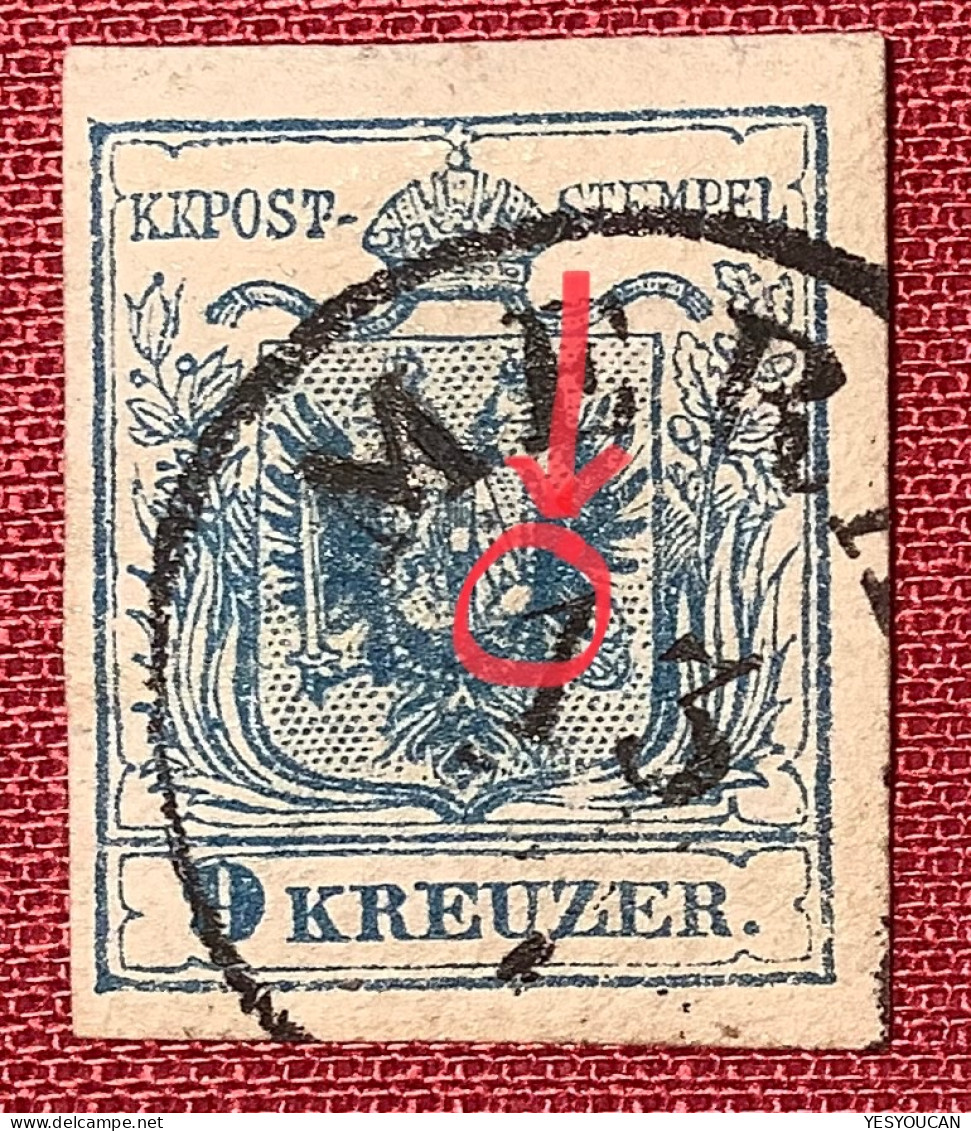 PLATTENFEHLER / PLATE FLAW Österreich 1850 9 Kr IIIb HP Tadellos Stpl Meran (Austria Variety Autriche Variété Abart - Used Stamps