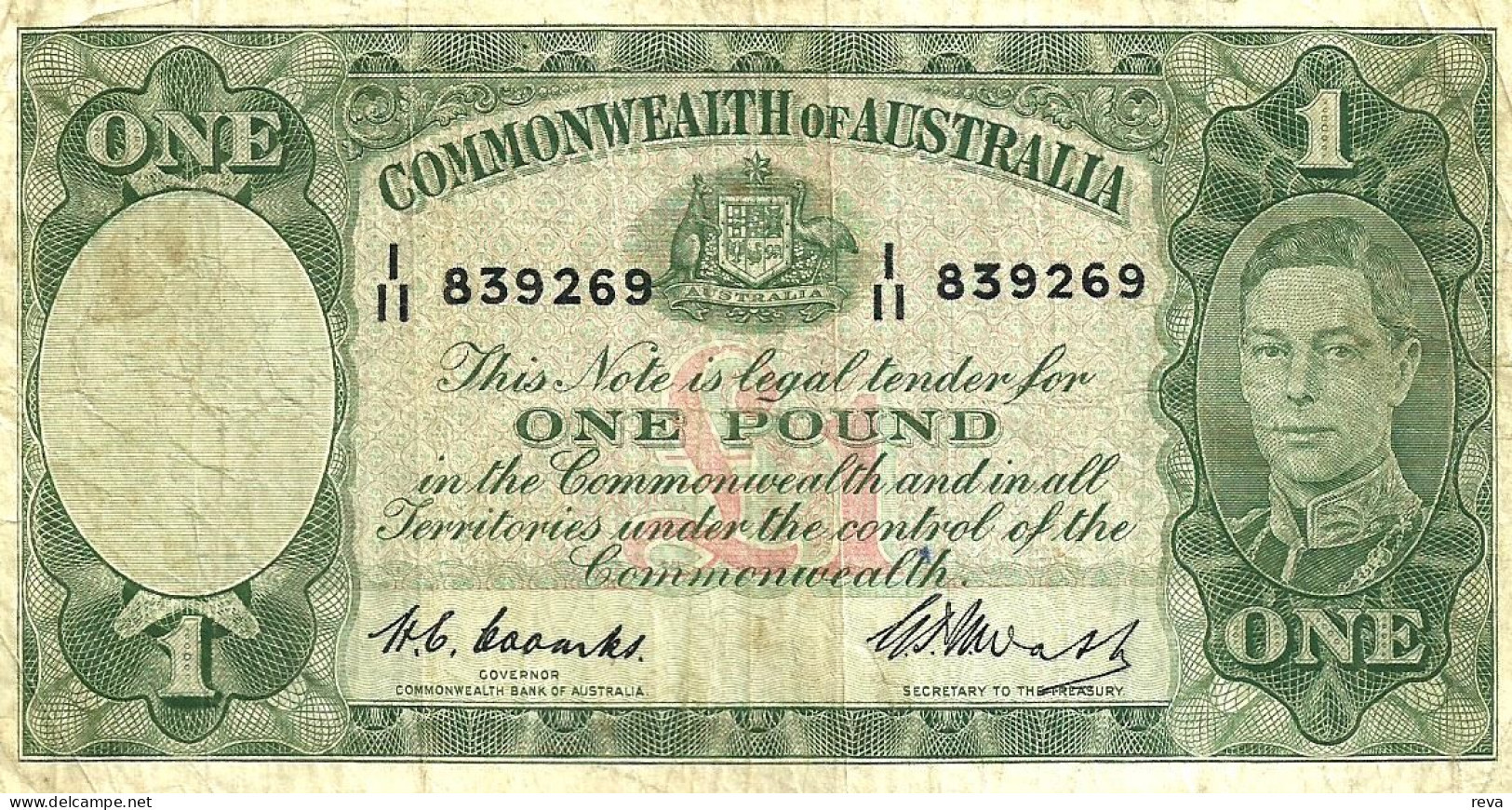 AUSTRALIA 1 POUND GREEN KGVI HEAD 4TH SIGNATURE LAST ISSUEBACK MOTIF ND(1952) F+ CV$80 DARK BACK W.1966 READ DESCRIPTION - 1938-52