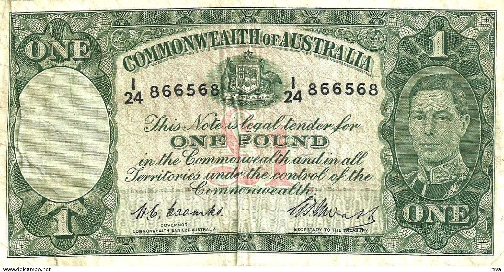 AUSTRALIA 1 POUND GREEN KGVI HEAD 4TH SIGNATURE LAST ISSUEBACK MOTIF ND(1952) F+ CV$80 DARK BACK W.1966 READ DESCRIPTION - 1938-52