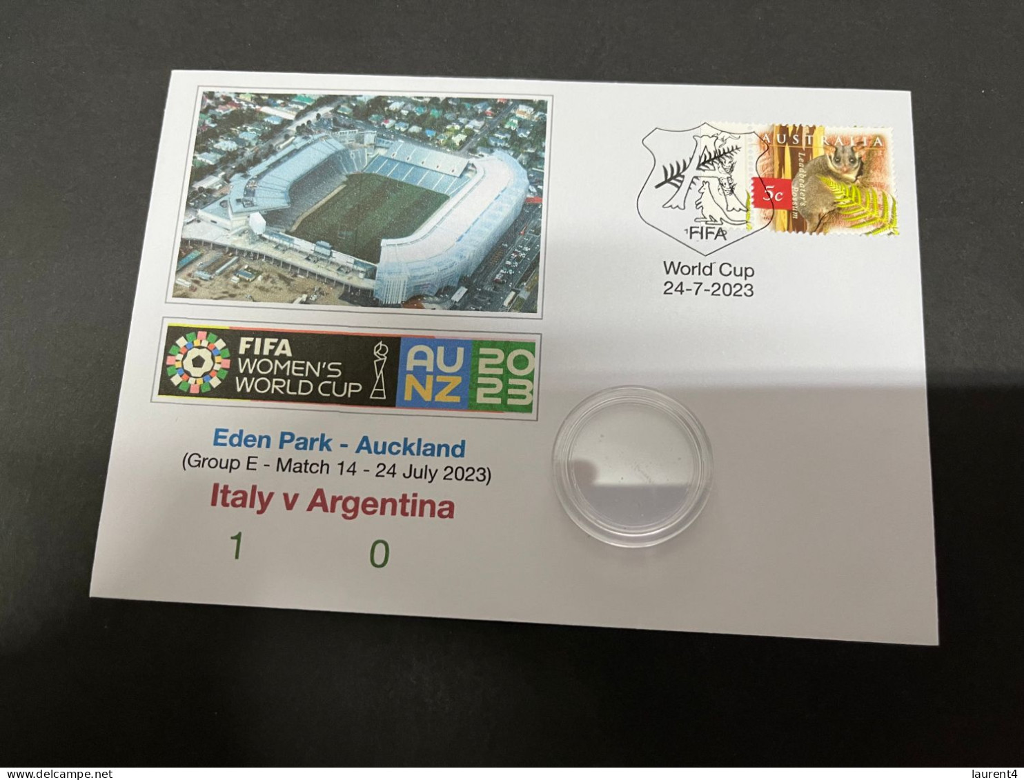 24-7-2023 (3 S 23) FIFA Women's Football World Cup Match 14 (stamp + Coin) Italy (1) V Argentina (0) - Dollar