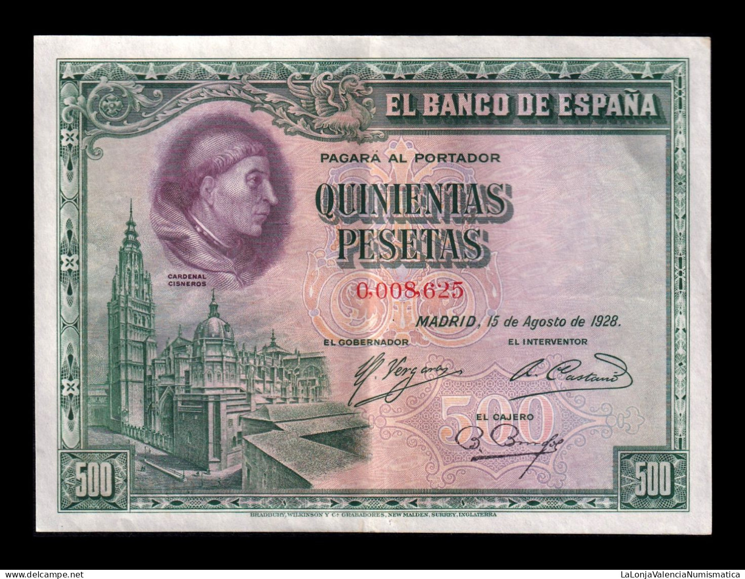 España Spain 500 Pesetas Cardenal Cisneros 1928 Pick 77 Low Serial Ebc Xf - 500 Peseten