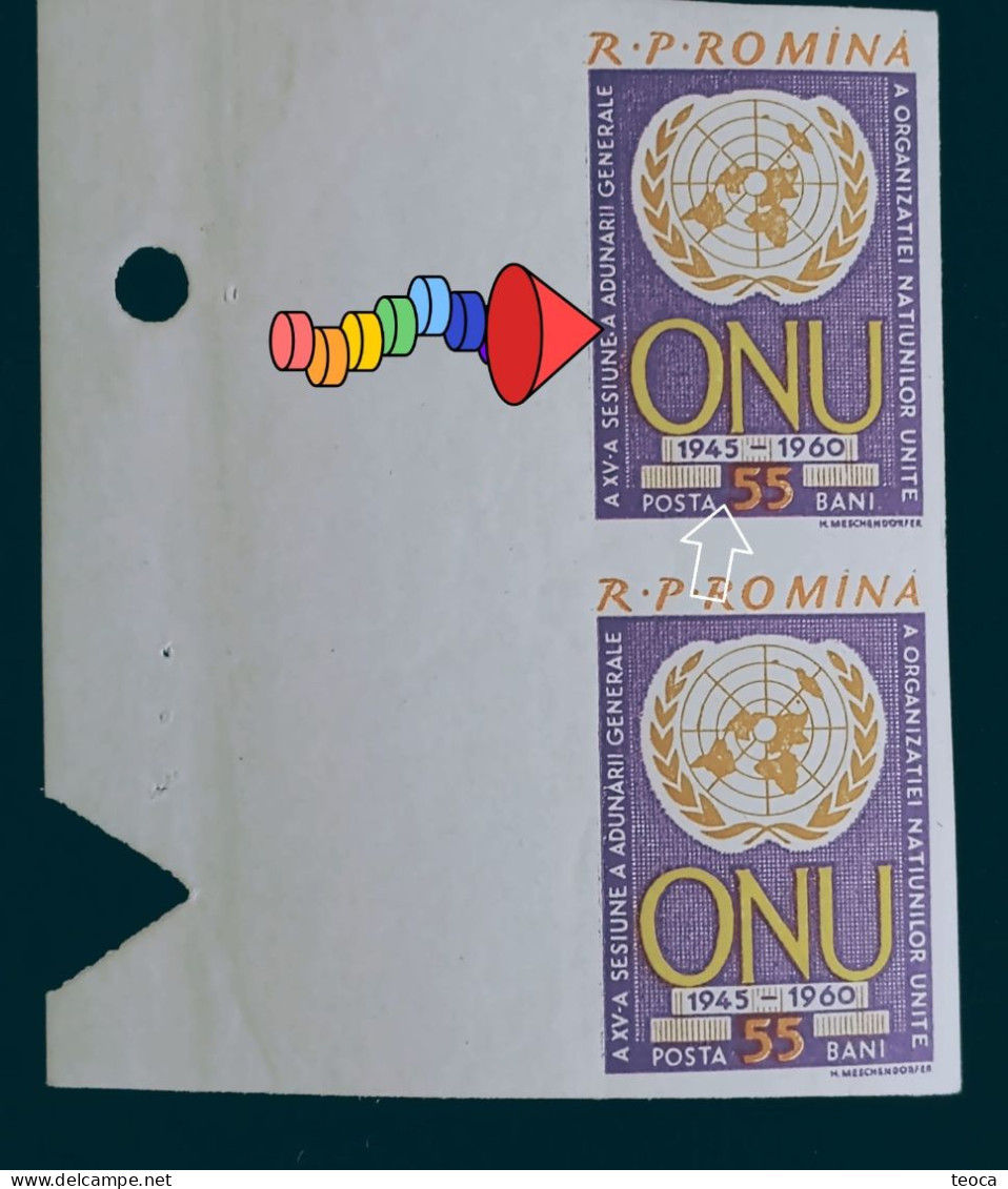 Stamps Errors Romania 1961  # Mi 2039B Pair, Printed With Full Circle Dot After The Word "session" Pair Imperfect ONU - Varietà & Curiosità