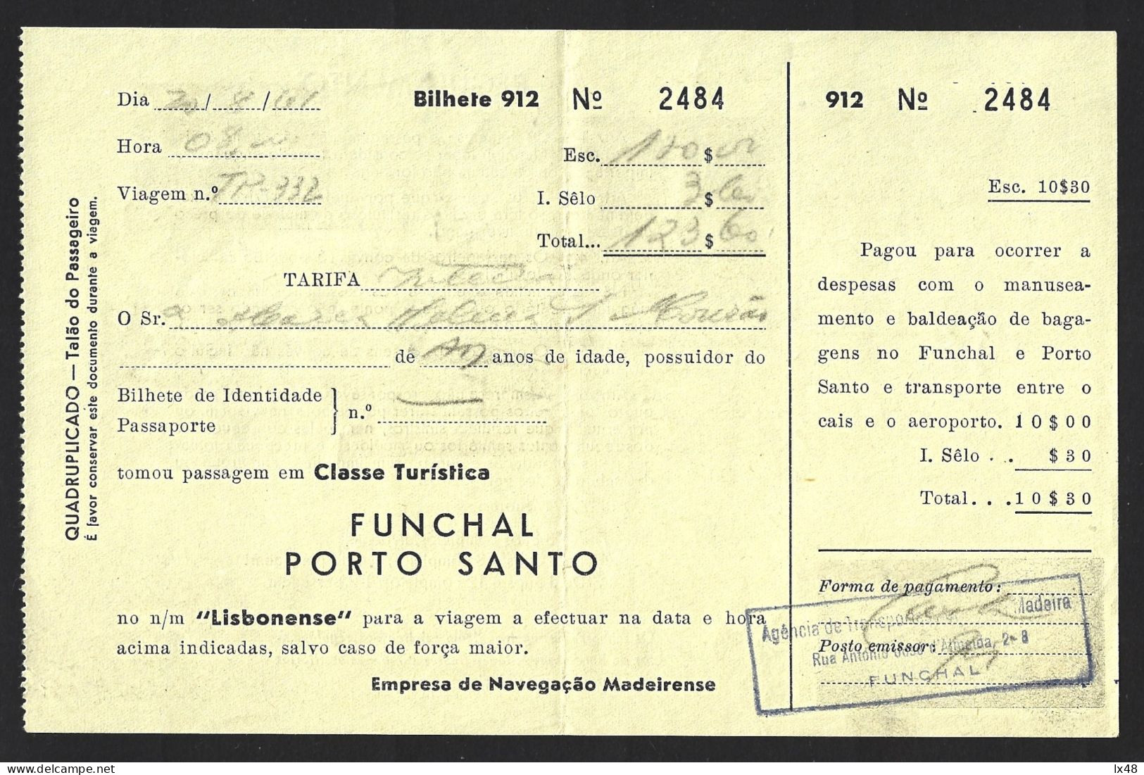 Ticket For The Ship 'Lisbonense' On The Voyage From Funchal To Porto Santo Island In 1961. Madeirense Shipping Company. - Wereld