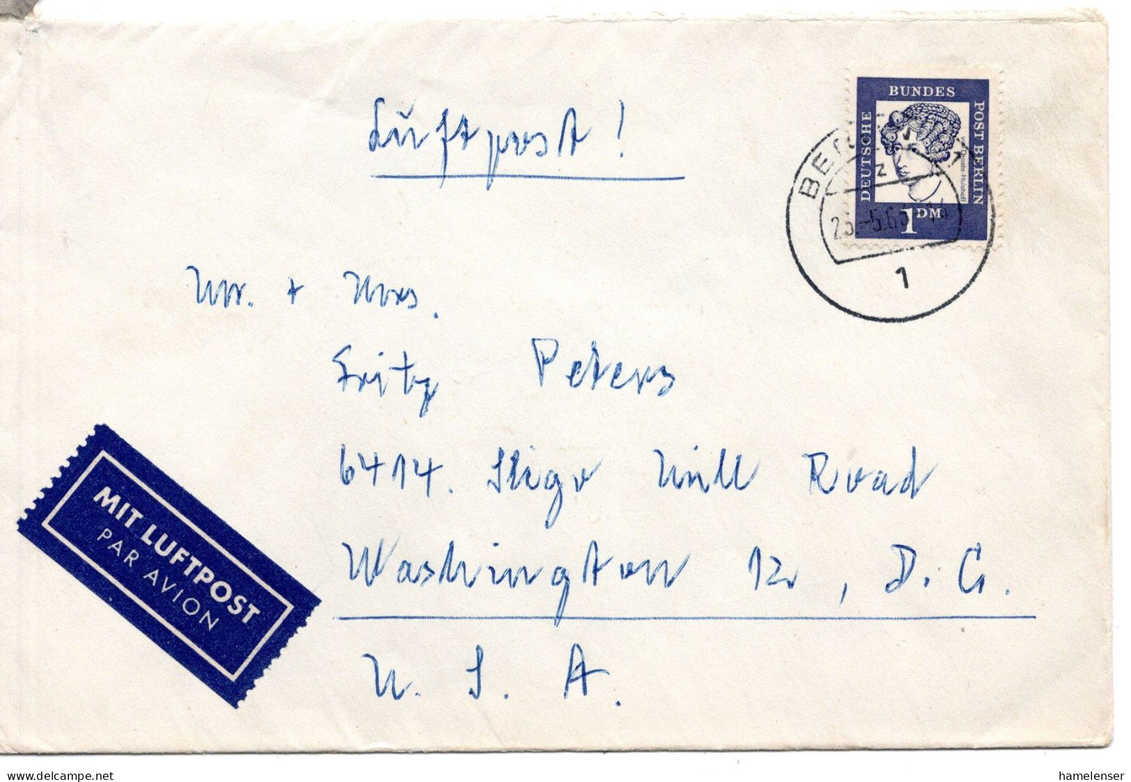 68543 - Berlin - 1963 - 1DM Droste-Huelshoff EF A LpBf BERLIN -> Washington, DC (USA) - Covers & Documents