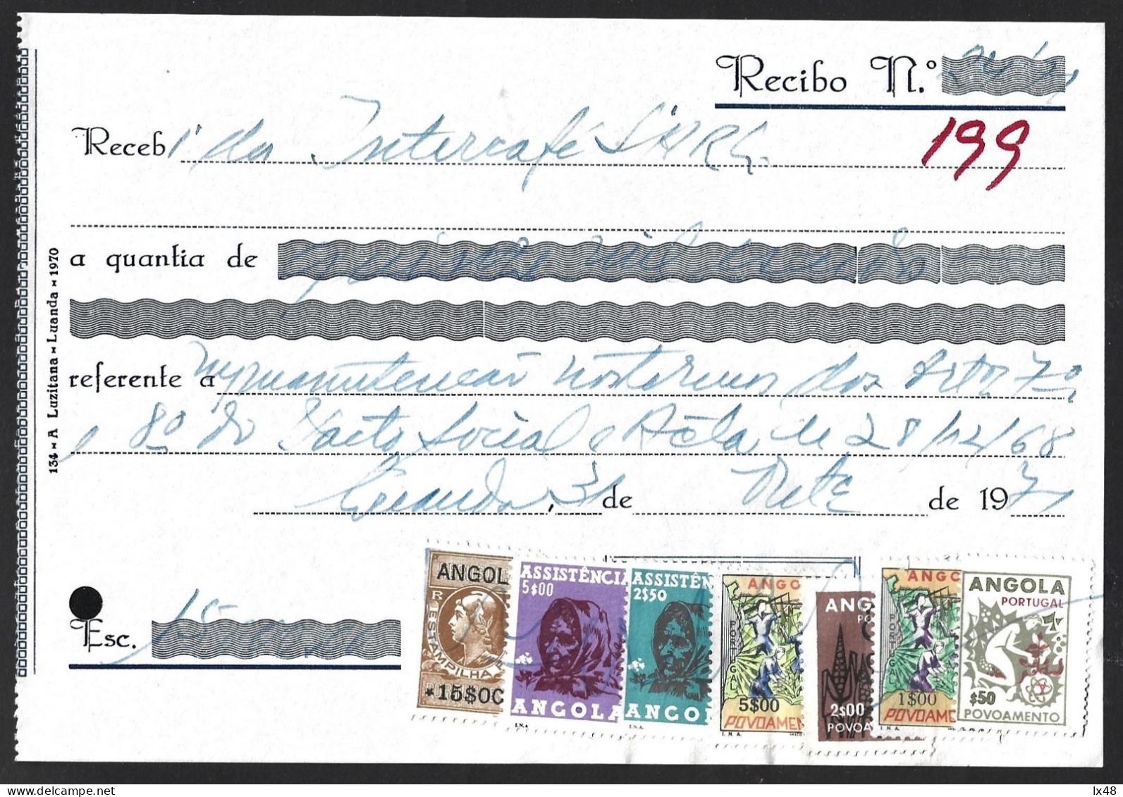 Recibo De 15.000 Escudos Selado Com Stamps De Assistência E Povoamento De Angola De 1971. Construcafé. Receipt For 15,0 - Brieven En Documenten