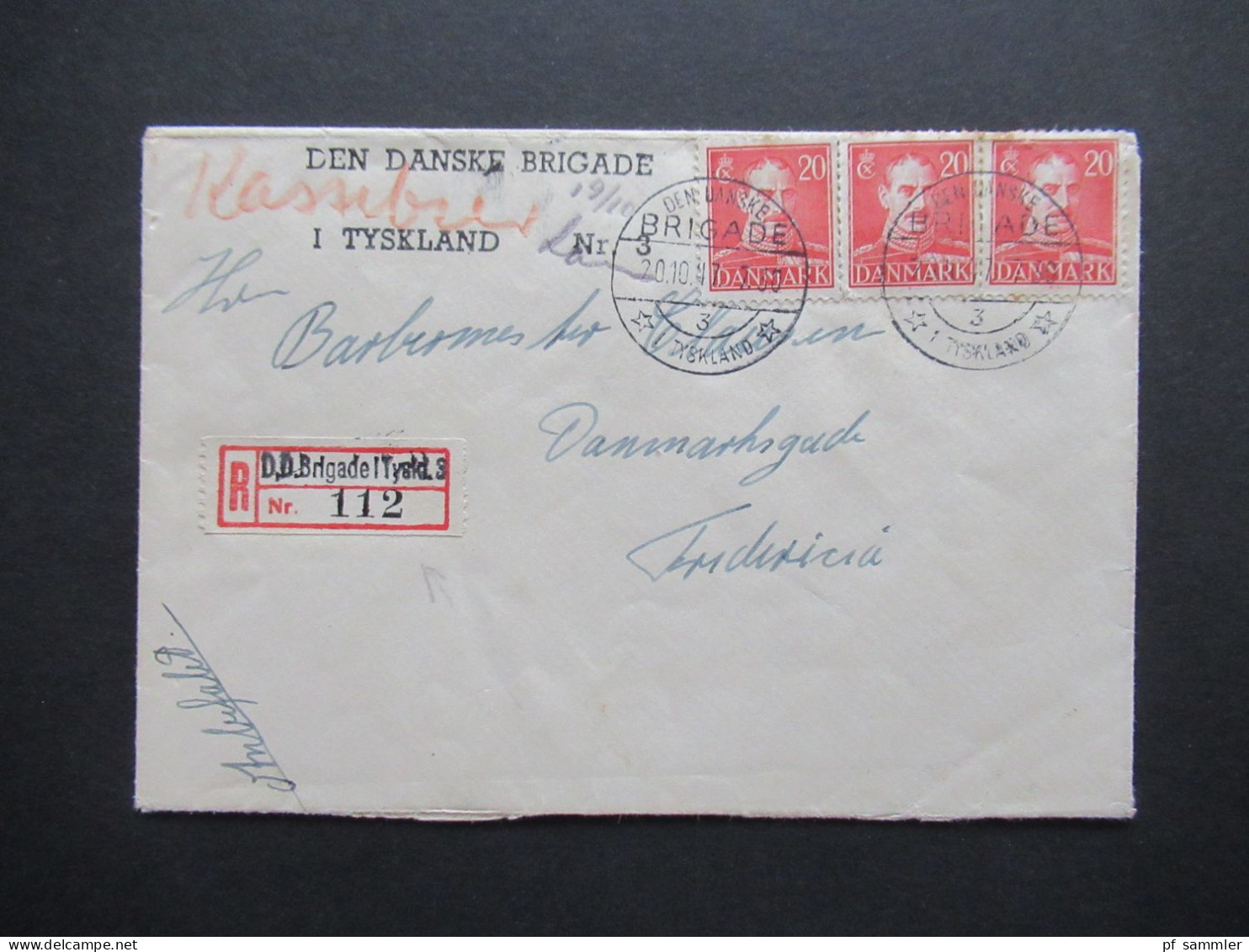 Dänemark 20.10.1947 Einschreiben R-Zettel D. D. Brigade I Tyskl. 3 / Mit Zensurvermerk! Stp. Den Danske Brigade I Tyskla - Briefe U. Dokumente