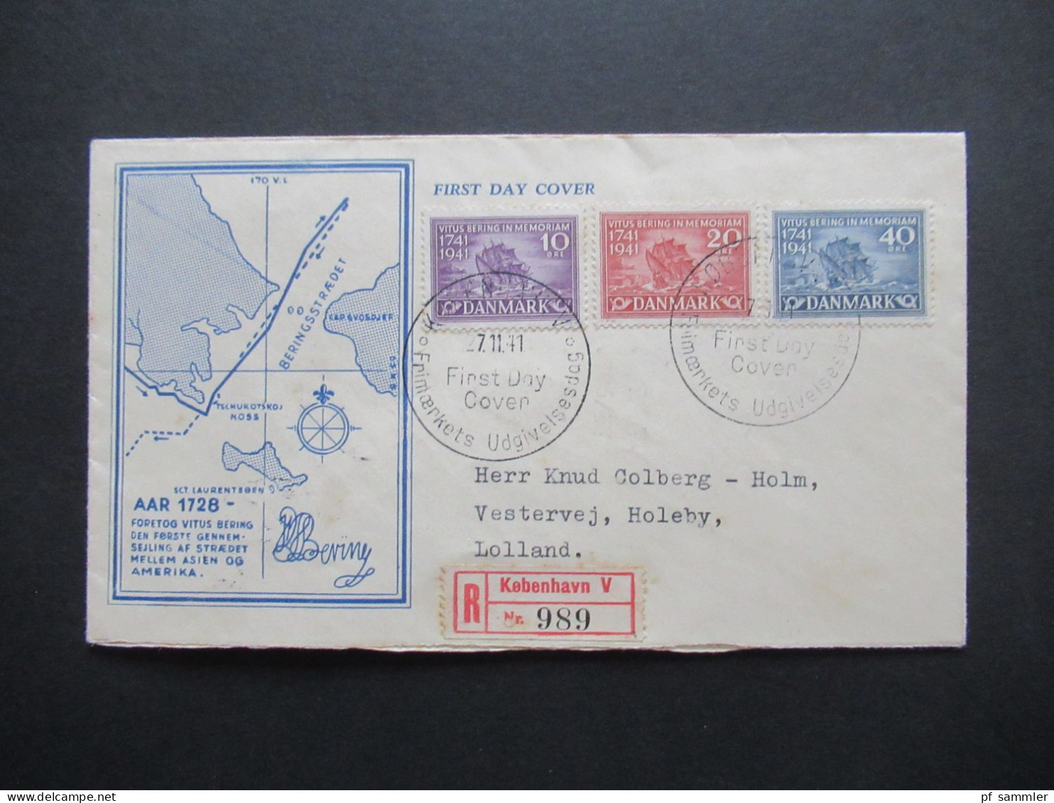 Dänemark 27.11.1941 200. Todestag Vitus Bering Seefahrer FDC Einschreiben Kobenhavn V Nach Lolland - Storia Postale