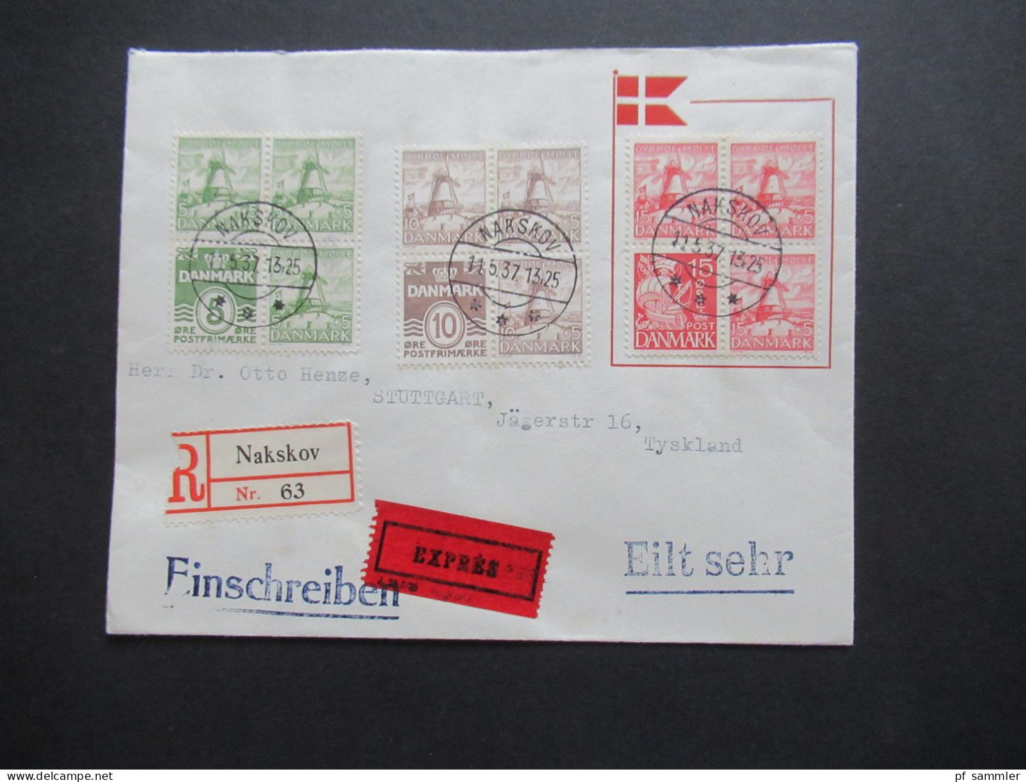 Dänemark 1937 Dybbol Mühle / 3 Zusammendrucke Aus Markenheftchen Einschreiben Expres / Eilt Sehr! Nakskov - Stuttgart - Briefe U. Dokumente