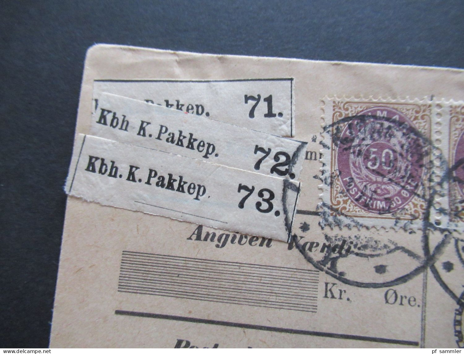 Dänemark 1900 Ziffern Im Rahmen / Rahmen Kopfstehend! Paketkarte Mit 2x 50 Öre Als Waag. Paar (Nr.30) MiF Mit Nr. 23 - Storia Postale