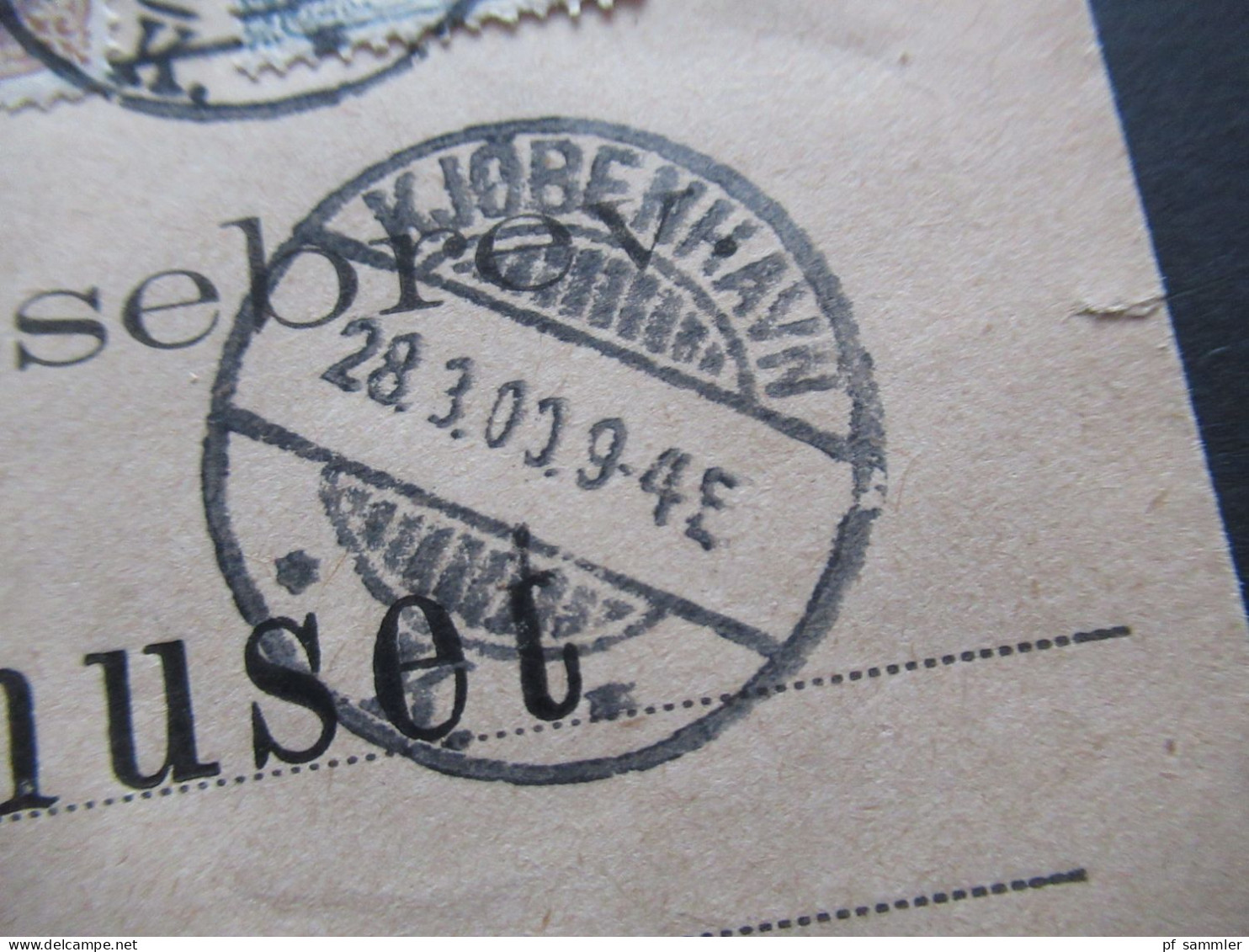 Dänemark 1900 Ziffern im Rahmen / Rahmen kopfstehend! Paketkarte mit 2x 50 Öre als waag. Paar (Nr.30) MiF mit Nr. 23