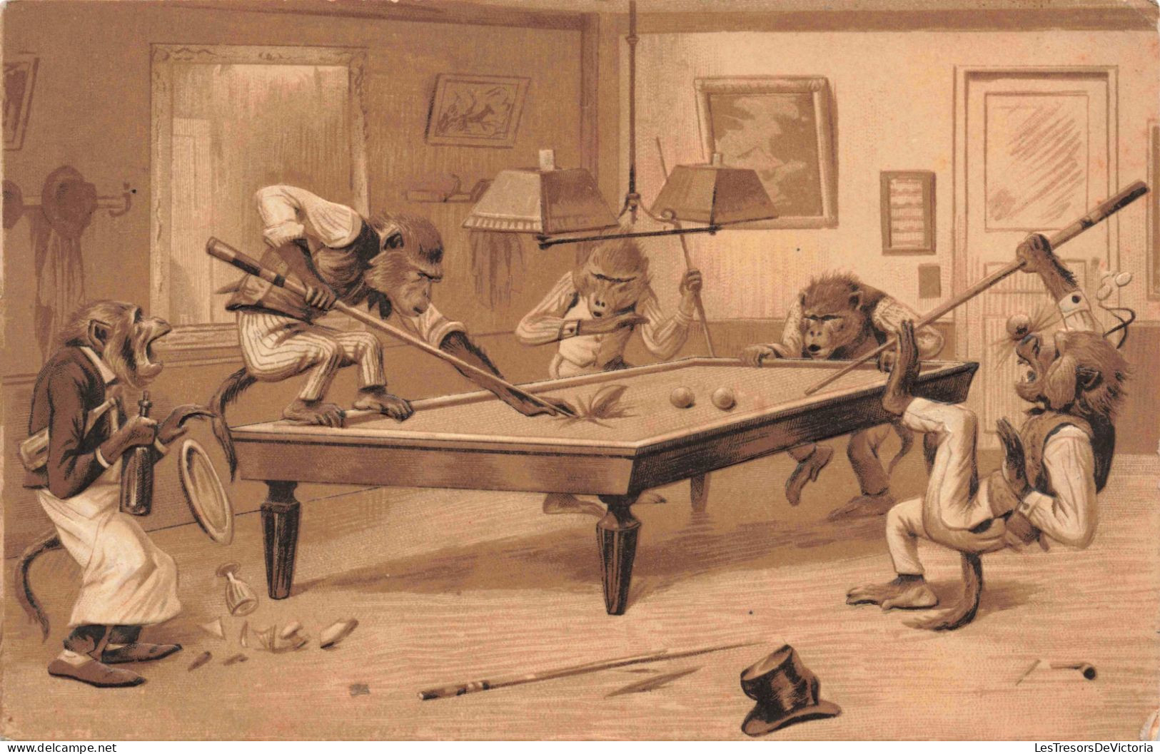 Animaux Habillés - Singes Qui Jouent Au Billard En étant Habillées Comme Des Hommes - Carte Postale Ancienne - Dressed Animals