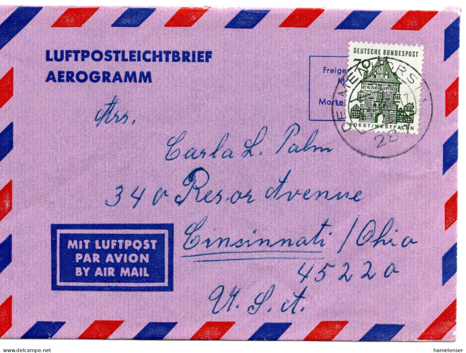 68565 - Bund - 1966 - 70Pfg Kl Bauten EF A Aerogramm DELMENHORST -> Cincinnati, OH (USA) - Briefe U. Dokumente