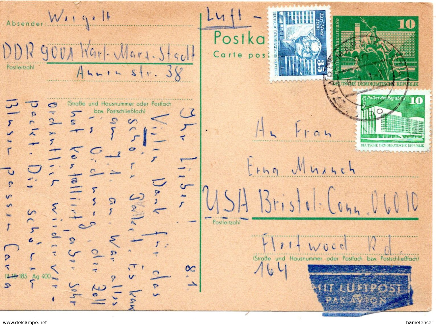 68566 - DDR - 1981 - 10Pfg Gr Bauten GAKte M ZusFrankatur KARL-MARX-STADT -> Bristol, CT (USA) - Lettres & Documents