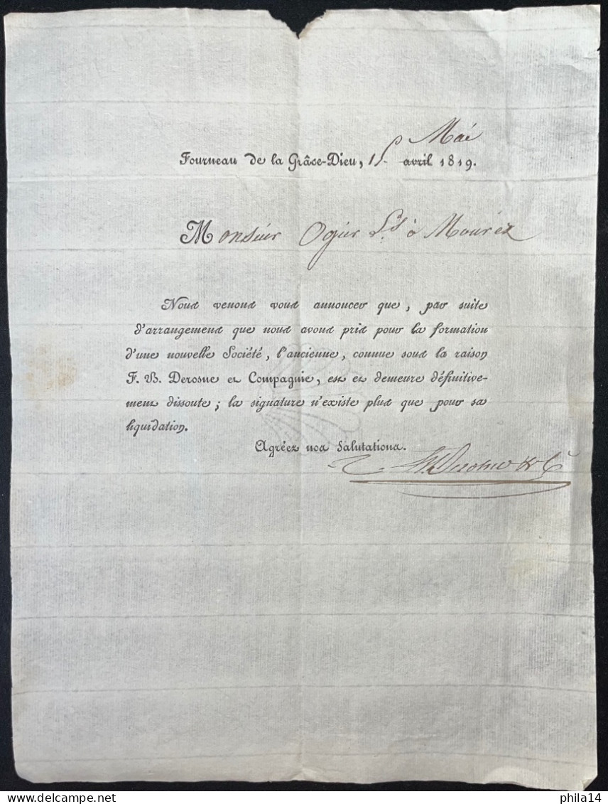FOURNEAU DE LA GRACE DIEU DOUBS 1819 / NOUVELLE SOCIETE - Manuscrits