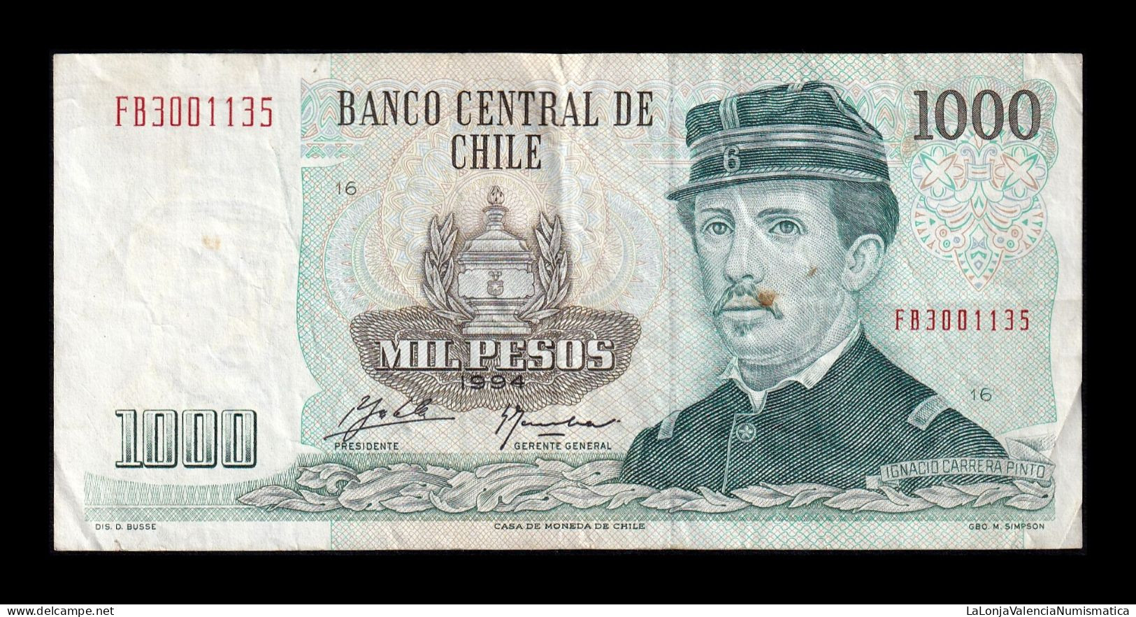 Chile 1000 Pesos Ignacio Carrera Pinto 1994 Pick 154e Mbc Vf - Chile