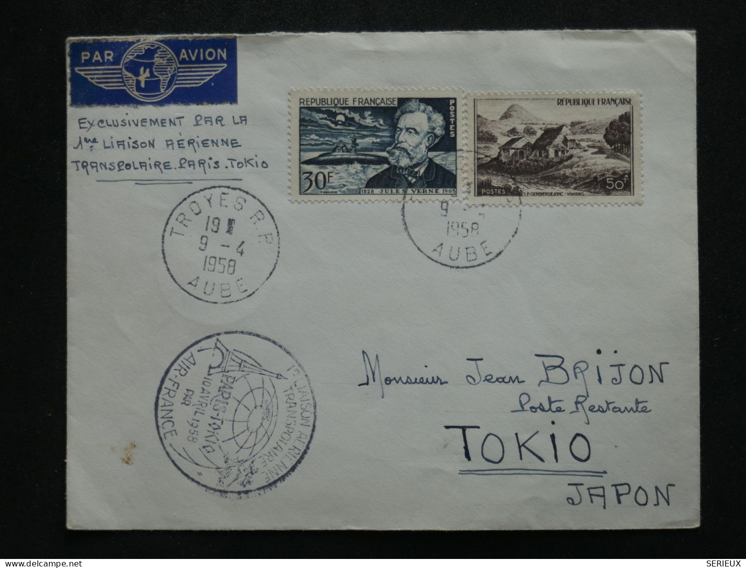 BW12 FRANCE  BELLE LETTRE  RARE  1958 1ER VOL TRANSPOLAIRE PARIS A TOKIO  JAPAN  ++DE TROYES  ++AFF.PLAISANT++    + - 1927-1959 Briefe & Dokumente