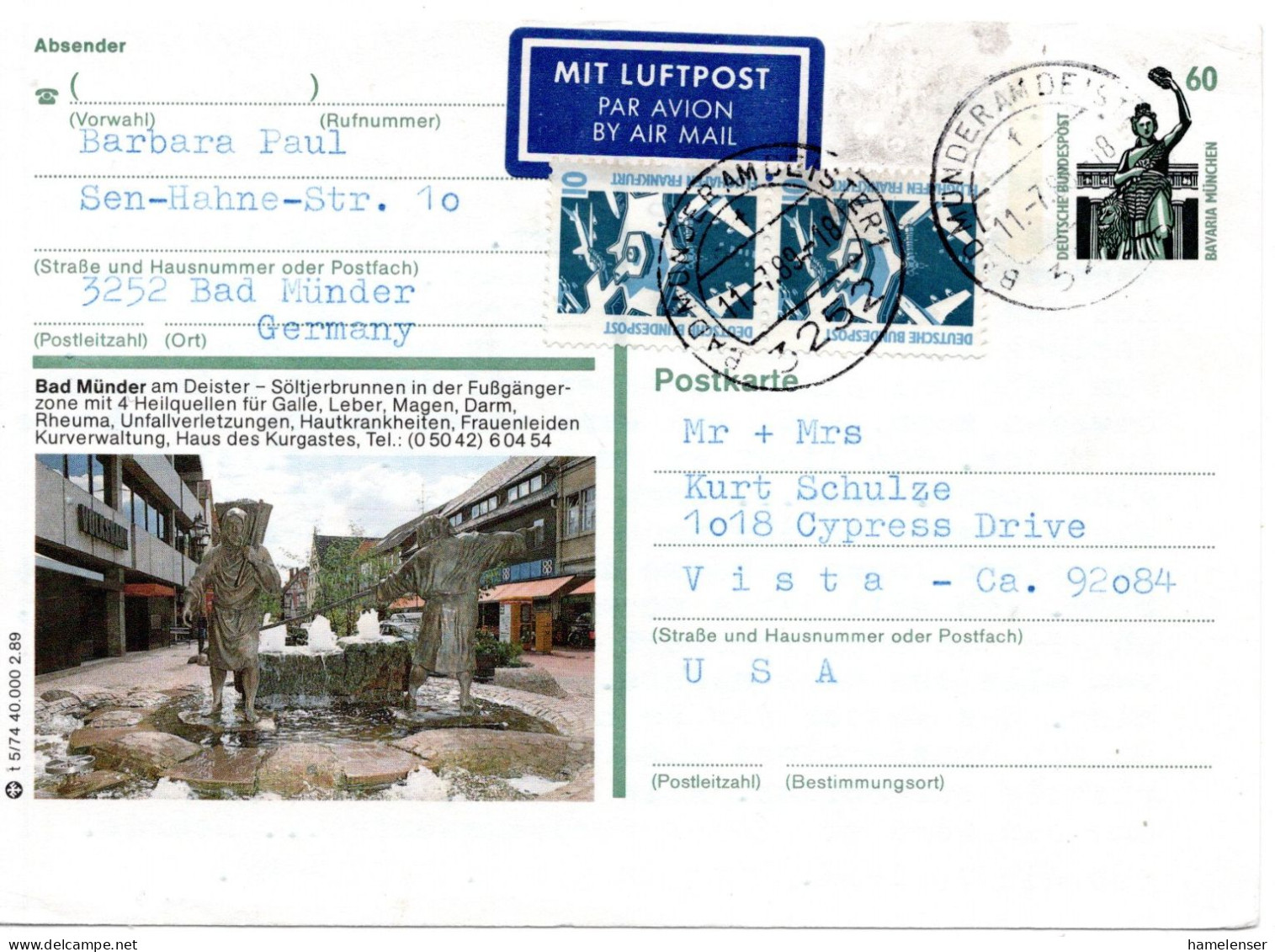 68571 - Bund - 1989 - 2@10Pfg SWK A 60Pfg SWK GABildKte BAD MUENDER -> Vista, CA (USA), Unterfrankiert! - Lettres & Documents