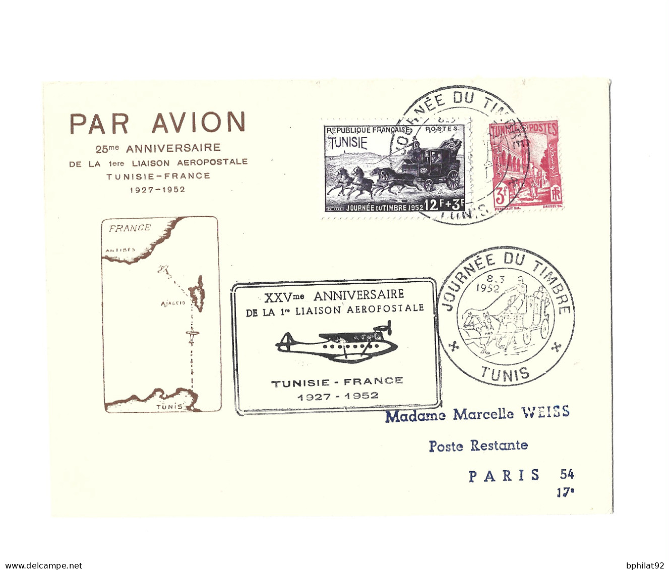 !!! TUNISIE, 25E ANNIVERSAIRE DE LA 1ERE LIAISON AÉROPOSTALE TUNISIE-FRANCE 1927-1952, POUR PARIS VIA AJACCIO PAR AVION - Poste Aérienne