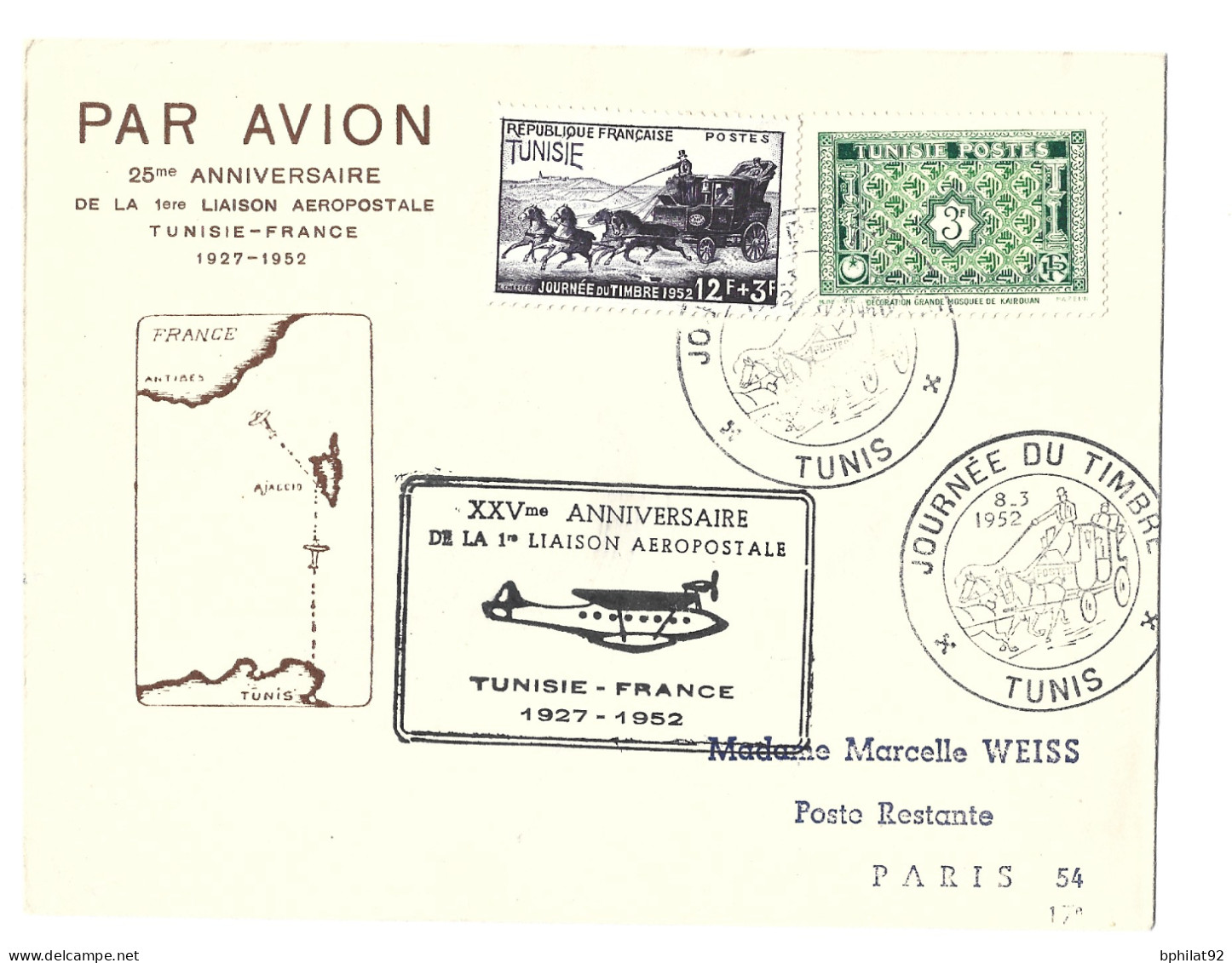 !!! TUNISIE, 25E ANNIVERSAIRE DE LA 1ERE LIAISON AÉROPOSTALE TUNISIE-FRANCE 1927-1952, POUR PARIS VIA AJACCIO PAR AVION - Airmail